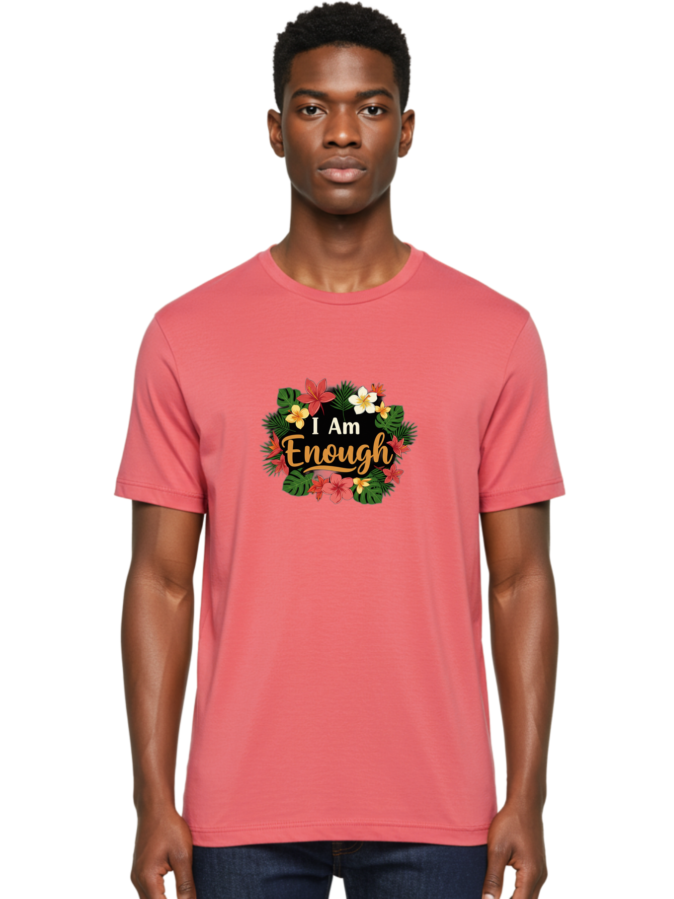 I-Am-Enough-6 Men'S Graphic Tee, 100% Cotton, Comfortable Casual Summer Wear, Machine Washable, Motivational Quote, Floral Wreath, Affirmation, Self-Love, Empowerment, Inspirational Quote, Positive Vibes, Tropical Flowers, Leaves Bae210