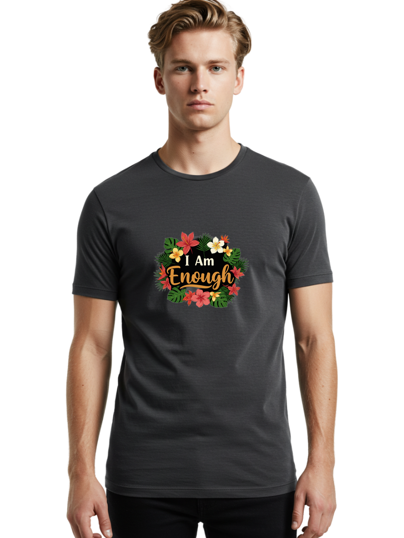 I-Am-Enough-6 Men'S Graphic Tee, 100% Cotton, Comfortable Casual Summer Wear, Machine Washable, Motivational Quote, Floral Wreath, Affirmation, Self-Love, Empowerment, Inspirational Quote, Positive Vibes, Tropical Flowers, Leaves Bae210
