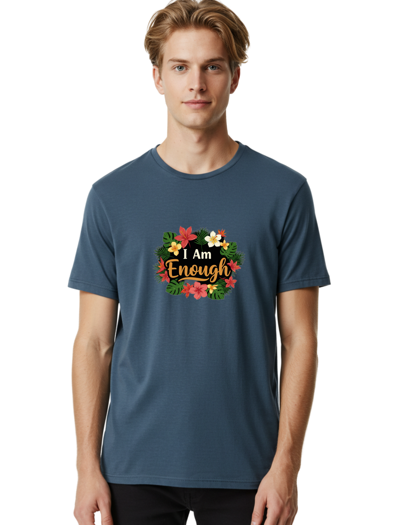 I-Am-Enough-6 Men'S Graphic Tee, 100% Cotton, Comfortable Casual Summer Wear, Machine Washable, Motivational Quote, Floral Wreath, Affirmation, Self-Love, Empowerment, Inspirational Quote, Positive Vibes, Tropical Flowers, Leaves Bae210