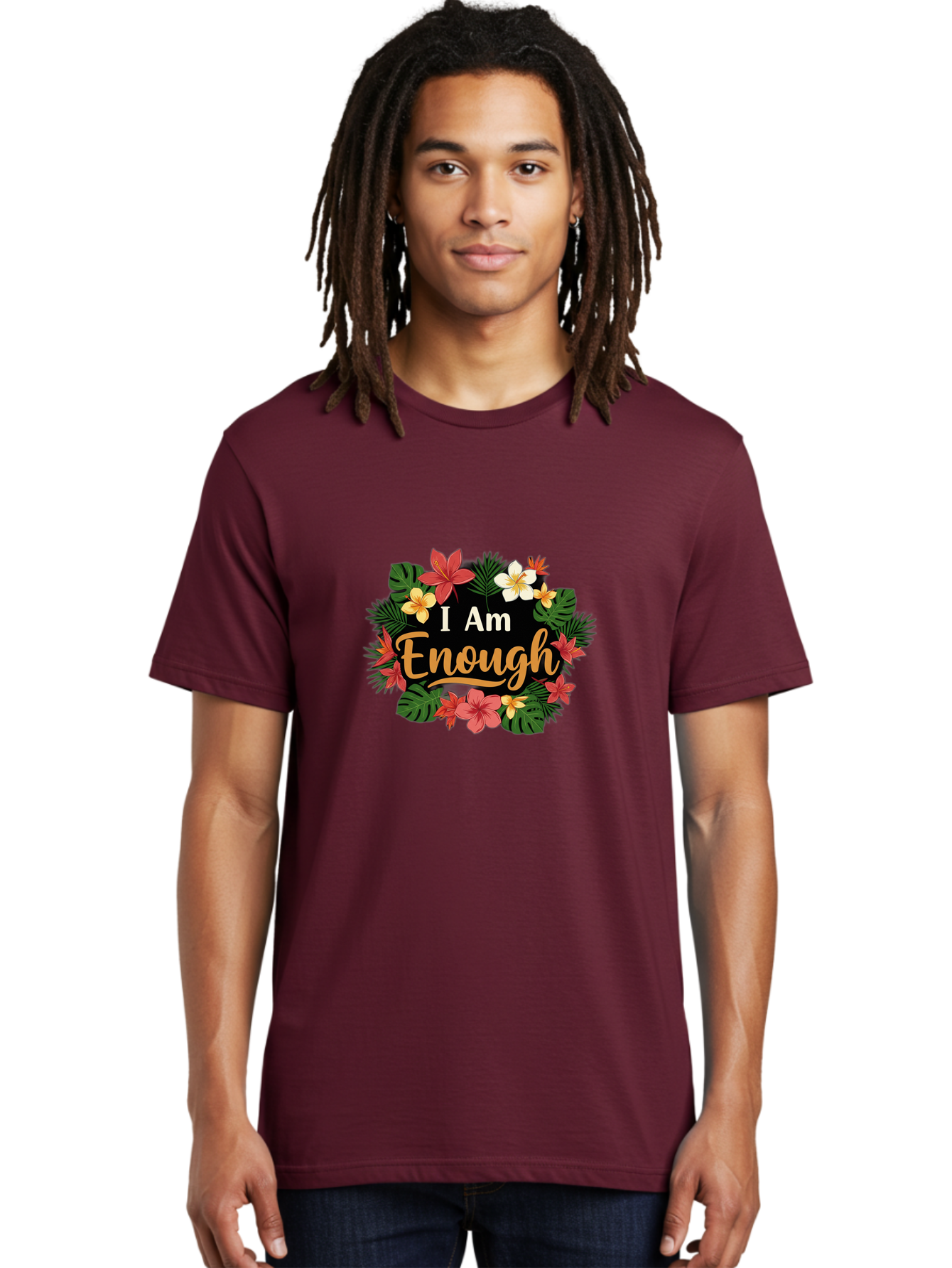 I-Am-Enough-6 Men'S Graphic Tee, 100% Cotton, Comfortable Casual Summer Wear, Machine Washable, Motivational Quote, Floral Wreath, Affirmation, Self-Love, Empowerment, Inspirational Quote, Positive Vibes, Tropical Flowers, Leaves Bae210