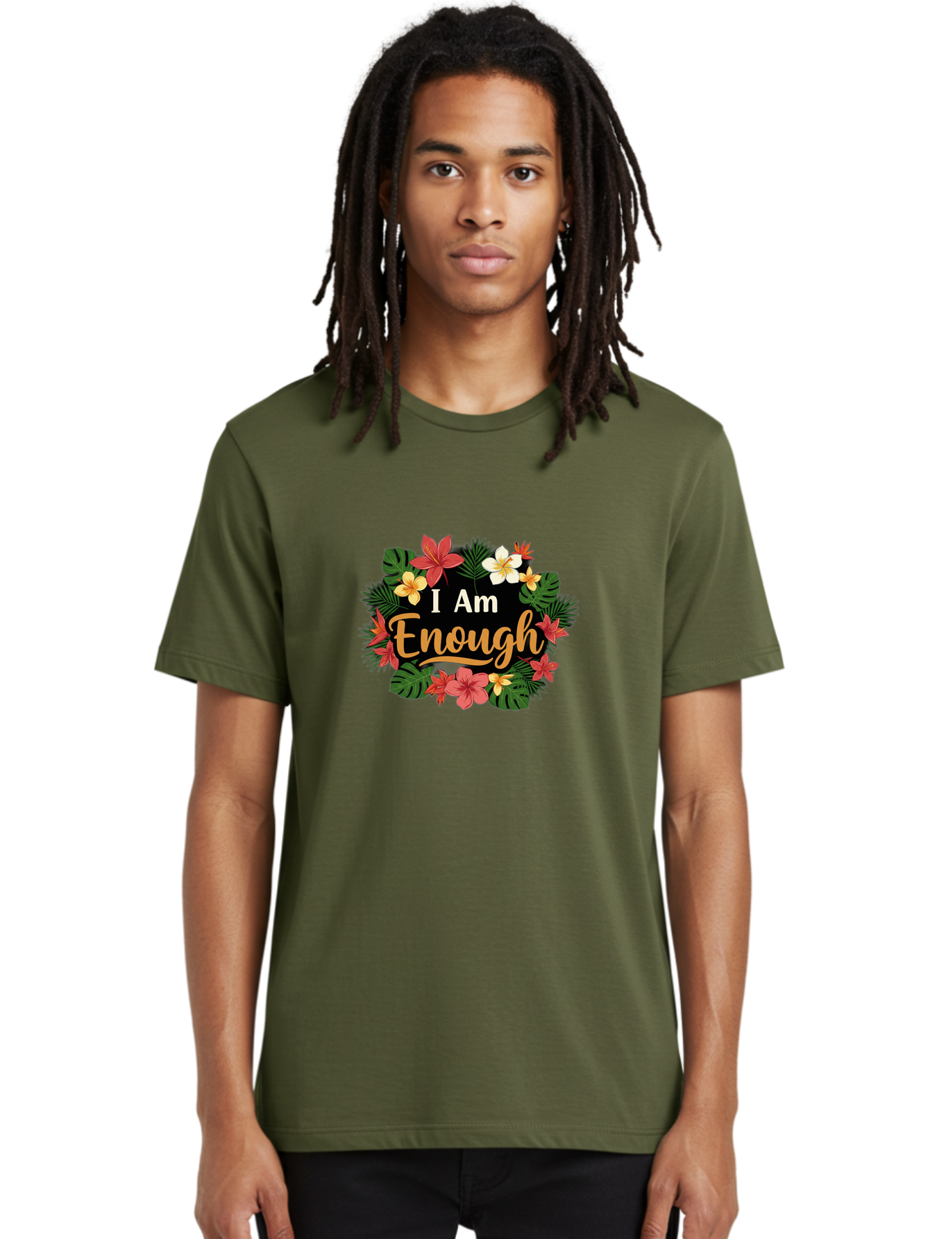I-Am-Enough-6 Men'S Graphic Tee, 100% Cotton, Comfortable Casual Summer Wear, Machine Washable, Motivational Quote, Floral Wreath, Affirmation, Self-Love, Empowerment, Inspirational Quote, Positive Vibes, Tropical Flowers, Leaves Bae210