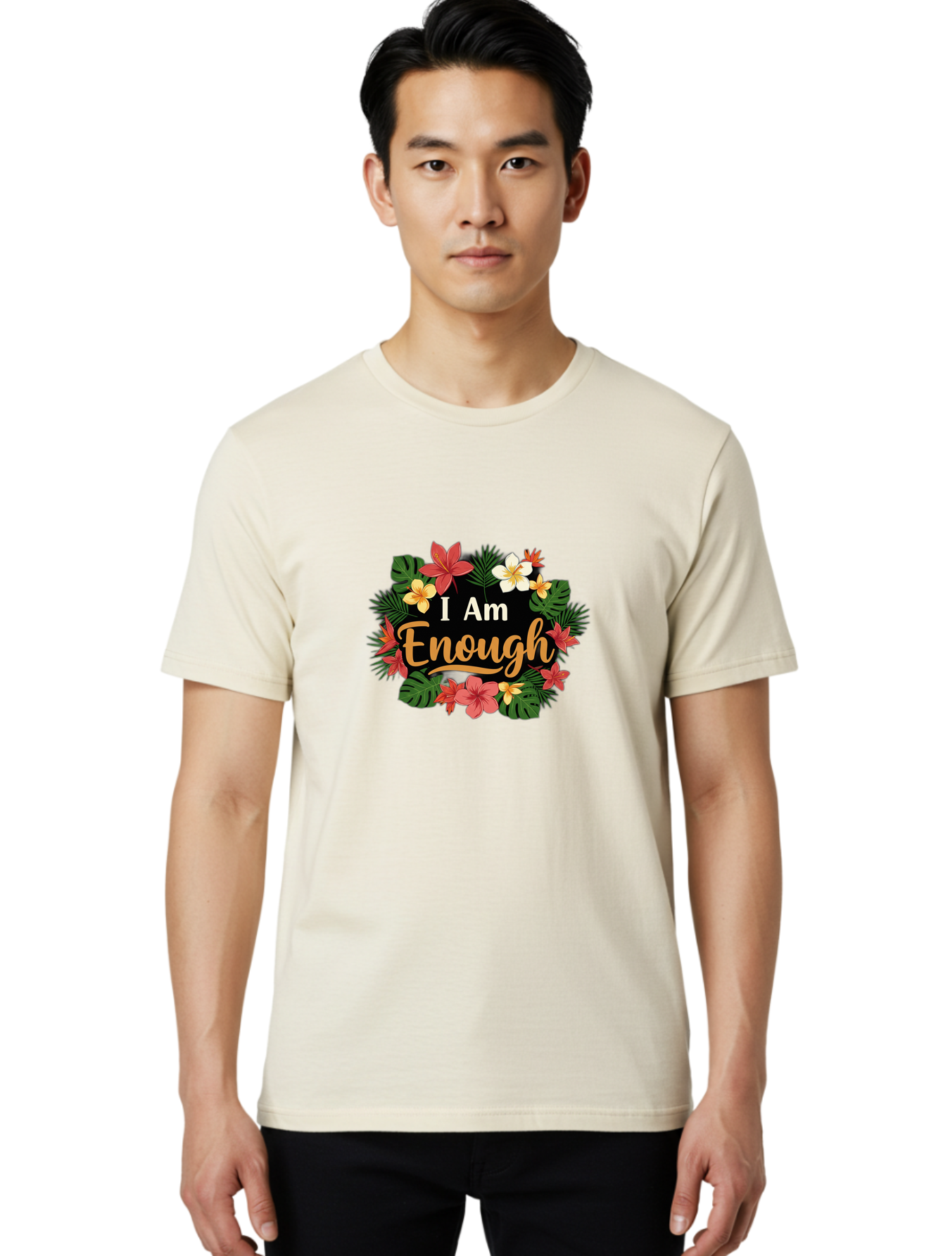 I-Am-Enough-6 Men'S Graphic Tee, 100% Cotton, Comfortable Casual Summer Wear, Machine Washable, Motivational Quote, Floral Wreath, Affirmation, Self-Love, Empowerment, Inspirational Quote, Positive Vibes, Tropical Flowers, Leaves Bae210