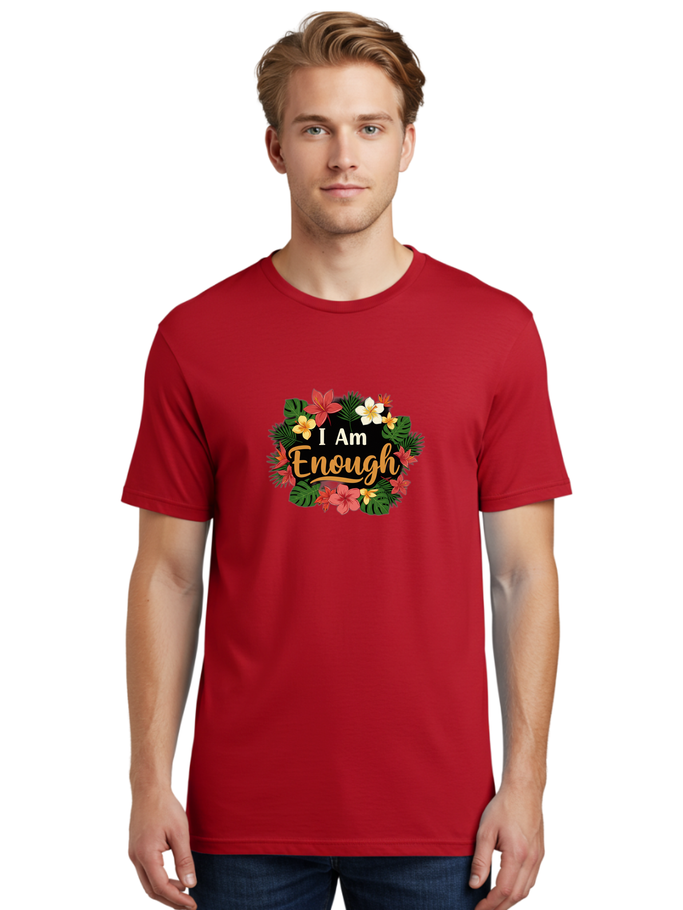 I-Am-Enough-6 Men'S Graphic Tee, 100% Cotton, Comfortable Casual Summer Wear, Machine Washable, Motivational Quote, Floral Wreath, Affirmation, Self-Love, Empowerment, Inspirational Quote, Positive Vibes, Tropical Flowers, Leaves Bae210