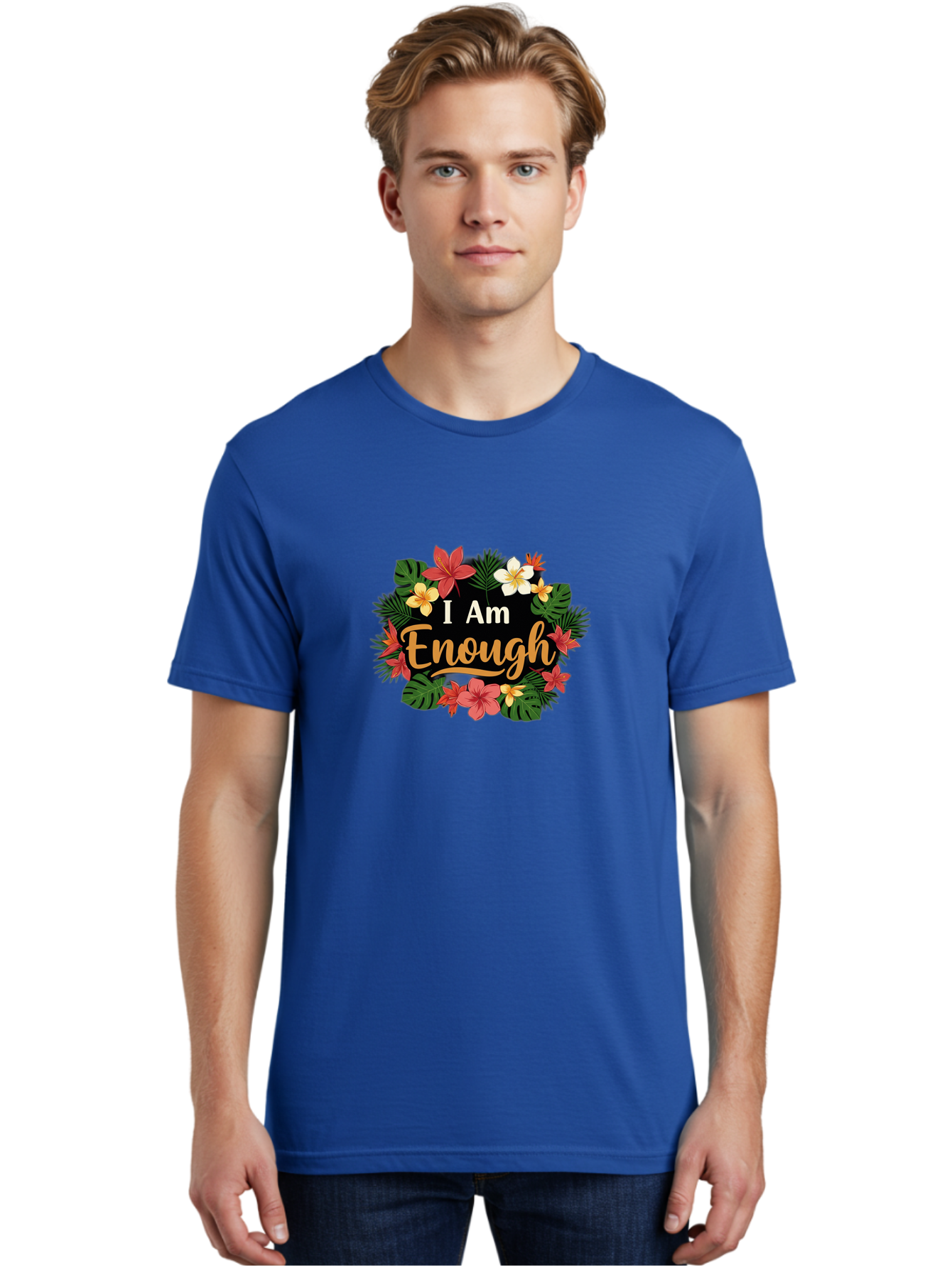 I-Am-Enough-6 Men'S Graphic Tee, 100% Cotton, Comfortable Casual Summer Wear, Machine Washable, Motivational Quote, Floral Wreath, Affirmation, Self-Love, Empowerment, Inspirational Quote, Positive Vibes, Tropical Flowers, Leaves Bae210