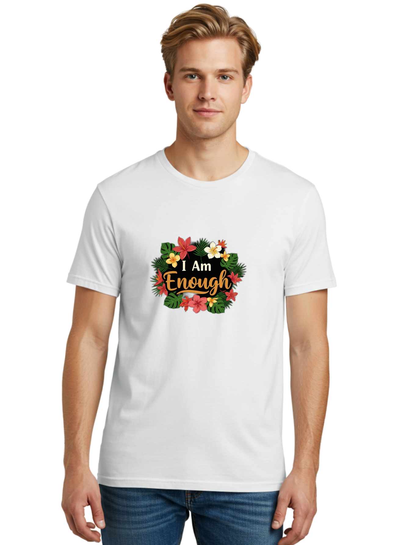 I-Am-Enough-6 Men'S Graphic Tee, 100% Cotton, Comfortable Casual Summer Wear, Machine Washable, Motivational Quote, Floral Wreath, Affirmation, Self-Love, Empowerment, Inspirational Quote, Positive Vibes, Tropical Flowers, Leaves Bae210