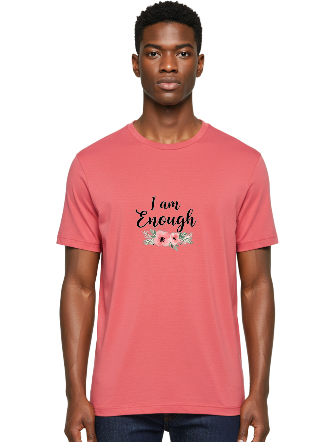 I-Am-Enough Men'S Graphic Tee, 100% Cotton, Comfortable Casual Summer Wear, Machine Washable, Positive Affirmation, Floral Design, Pink Flowers, Motivational Quote, Self Love, Empowerment, Black Lettering, Inspirational Message, Lovely Flowers Bae211