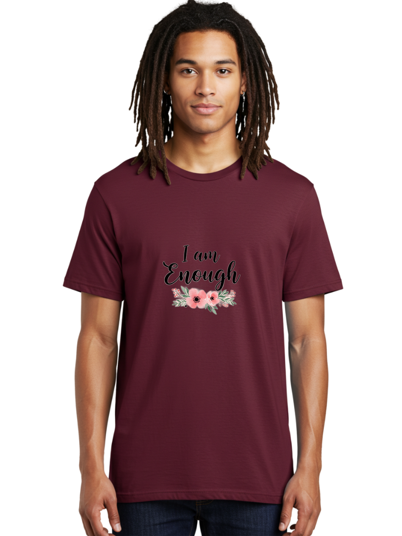 I-Am-Enough Men'S Graphic Tee, 100% Cotton, Comfortable Casual Summer Wear, Machine Washable, Positive Affirmation, Floral Design, Pink Flowers, Motivational Quote, Self Love, Empowerment, Black Lettering, Inspirational Message, Lovely Flowers Bae211