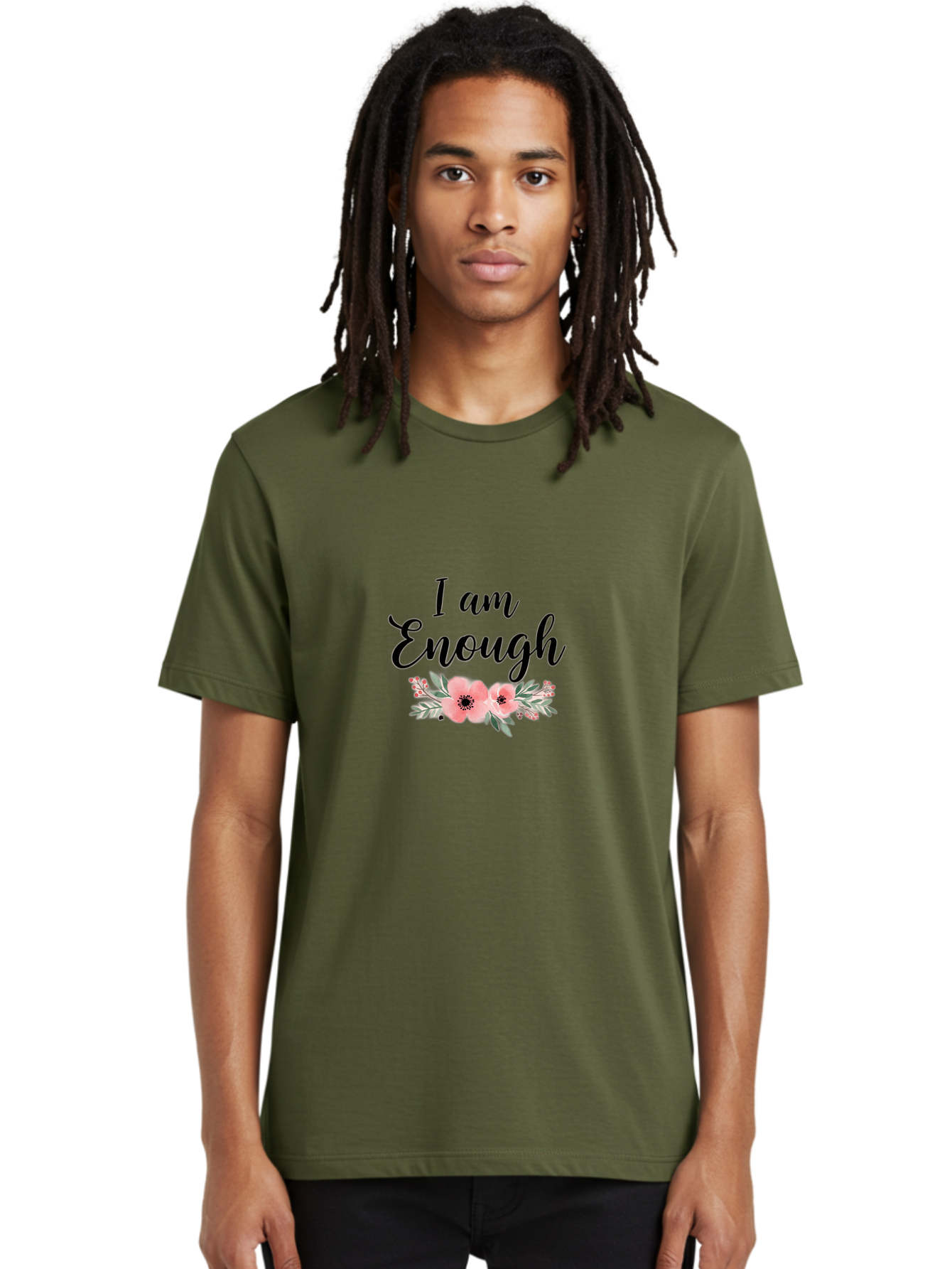 I-Am-Enough Men'S Graphic Tee, 100% Cotton, Comfortable Casual Summer Wear, Machine Washable, Positive Affirmation, Floral Design, Pink Flowers, Motivational Quote, Self Love, Empowerment, Black Lettering, Inspirational Message, Lovely Flowers Bae211