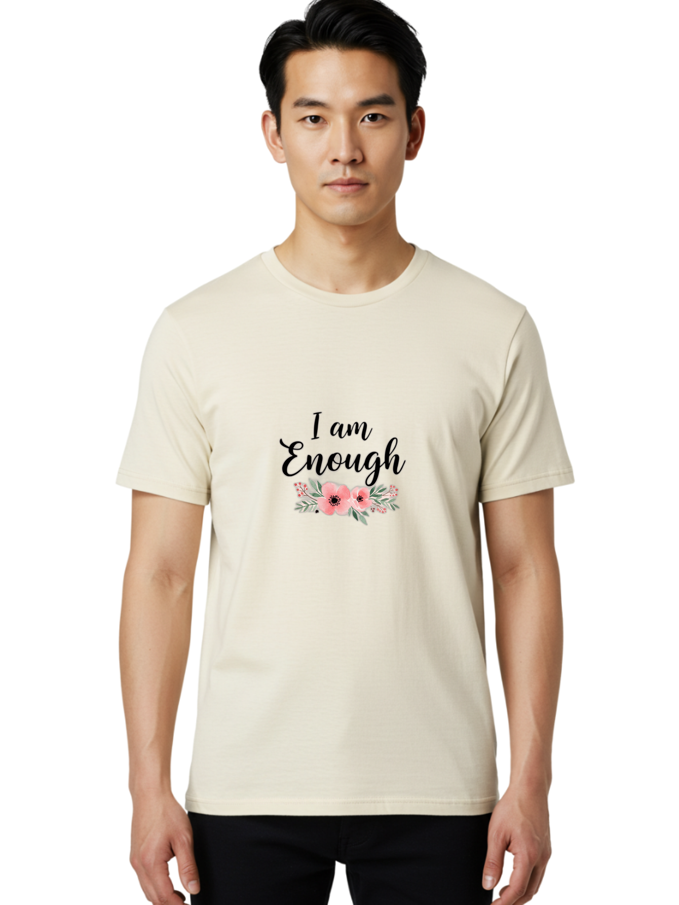 I-Am-Enough Men'S Graphic Tee, 100% Cotton, Comfortable Casual Summer Wear, Machine Washable, Positive Affirmation, Floral Design, Pink Flowers, Motivational Quote, Self Love, Empowerment, Black Lettering, Inspirational Message, Lovely Flowers Bae211