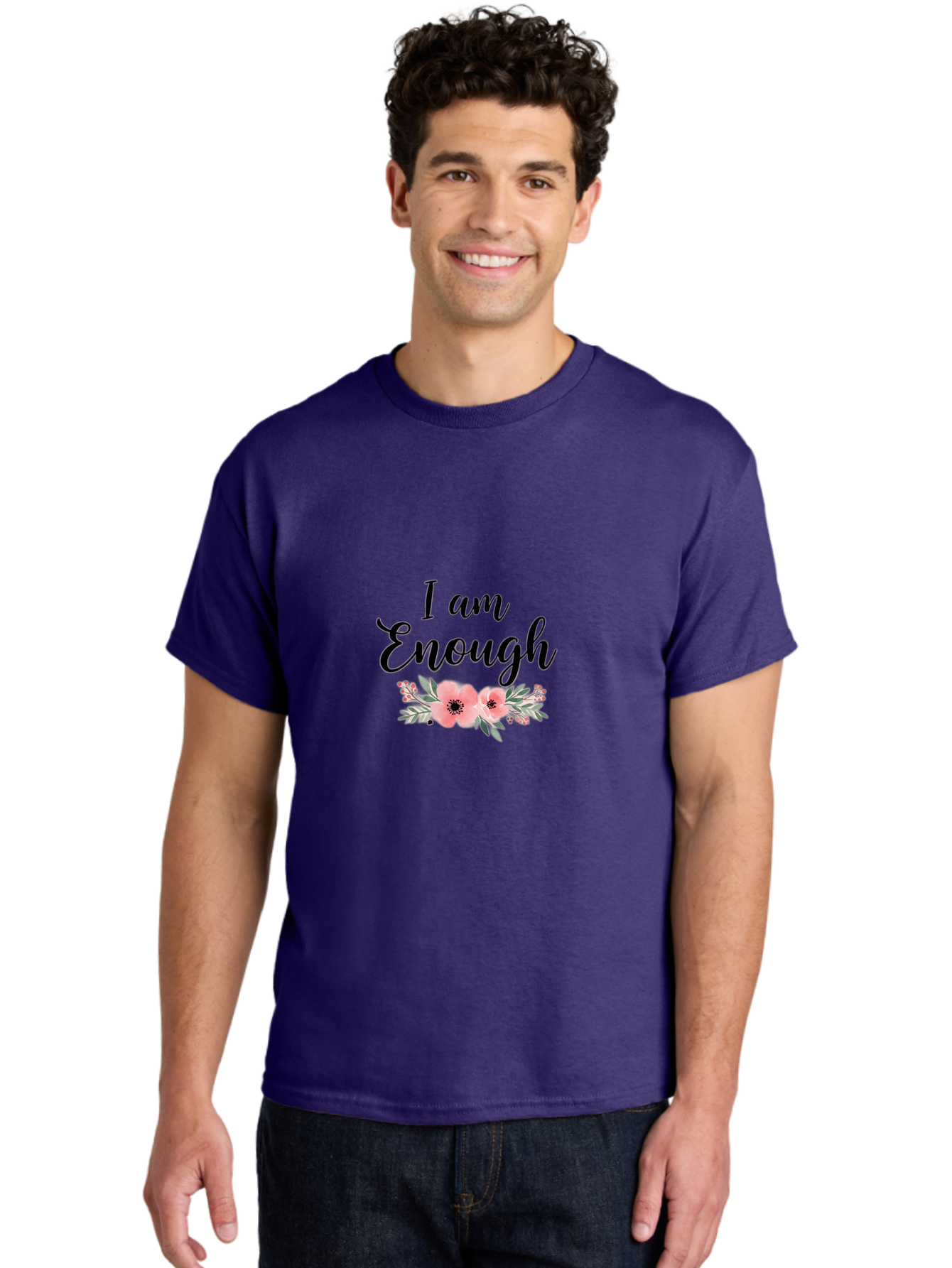 I-Am-Enough Men'S Graphic Tee, 100% Cotton, Comfortable Casual Summer Wear, Machine Washable, Positive Affirmation, Floral Design, Pink Flowers, Motivational Quote, Self Love, Empowerment, Black Lettering, Inspirational Message, Lovely Flowers Bae211