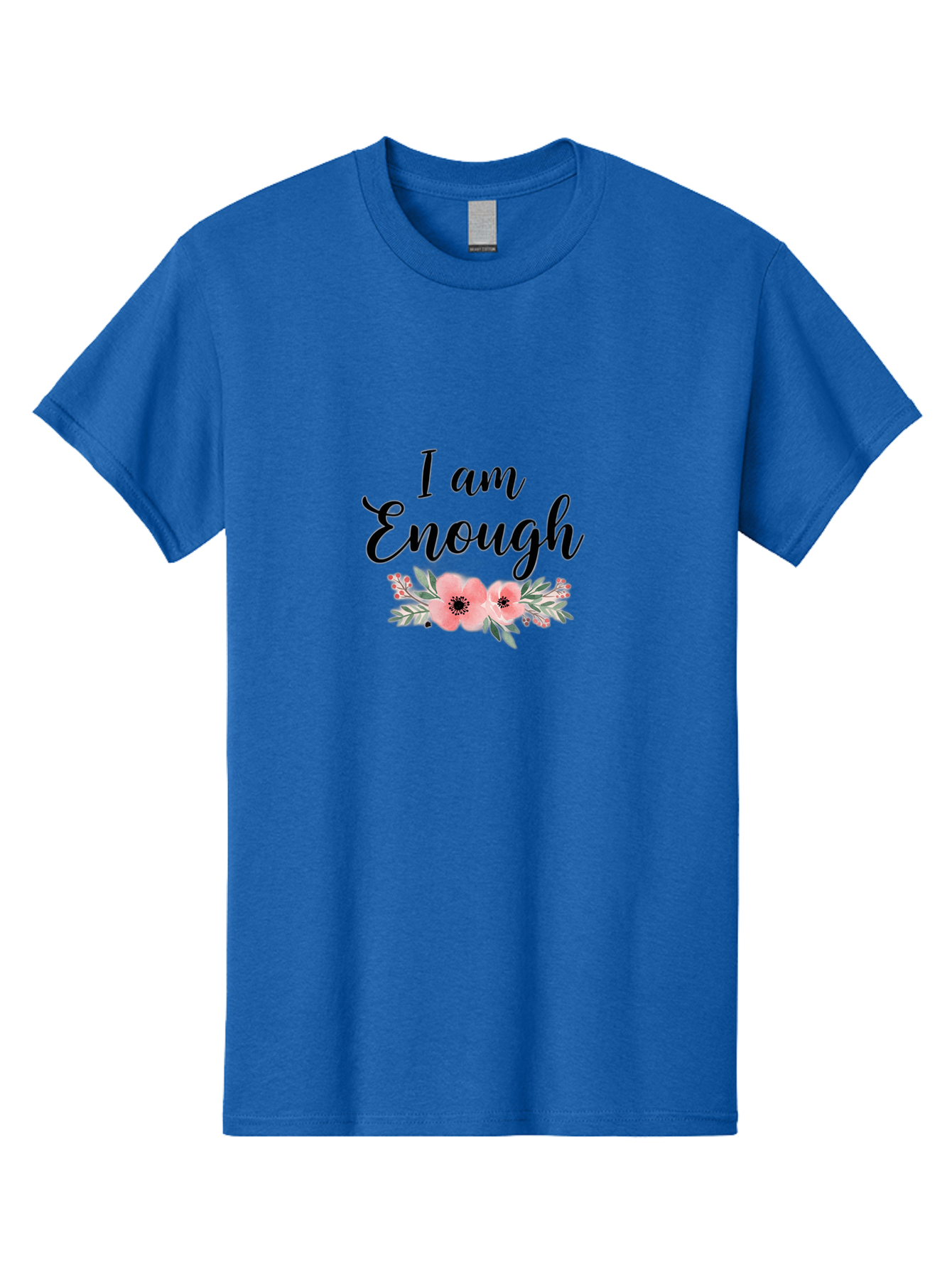 I-Am-Enough Men'S Graphic Tee, 100% Cotton, Comfortable Casual Summer Wear, Machine Washable, Positive Affirmation, Floral Design, Pink Flowers, Motivational Quote, Self Love, Empowerment, Black Lettering, Inspirational Message, Lovely Flowers Bae211