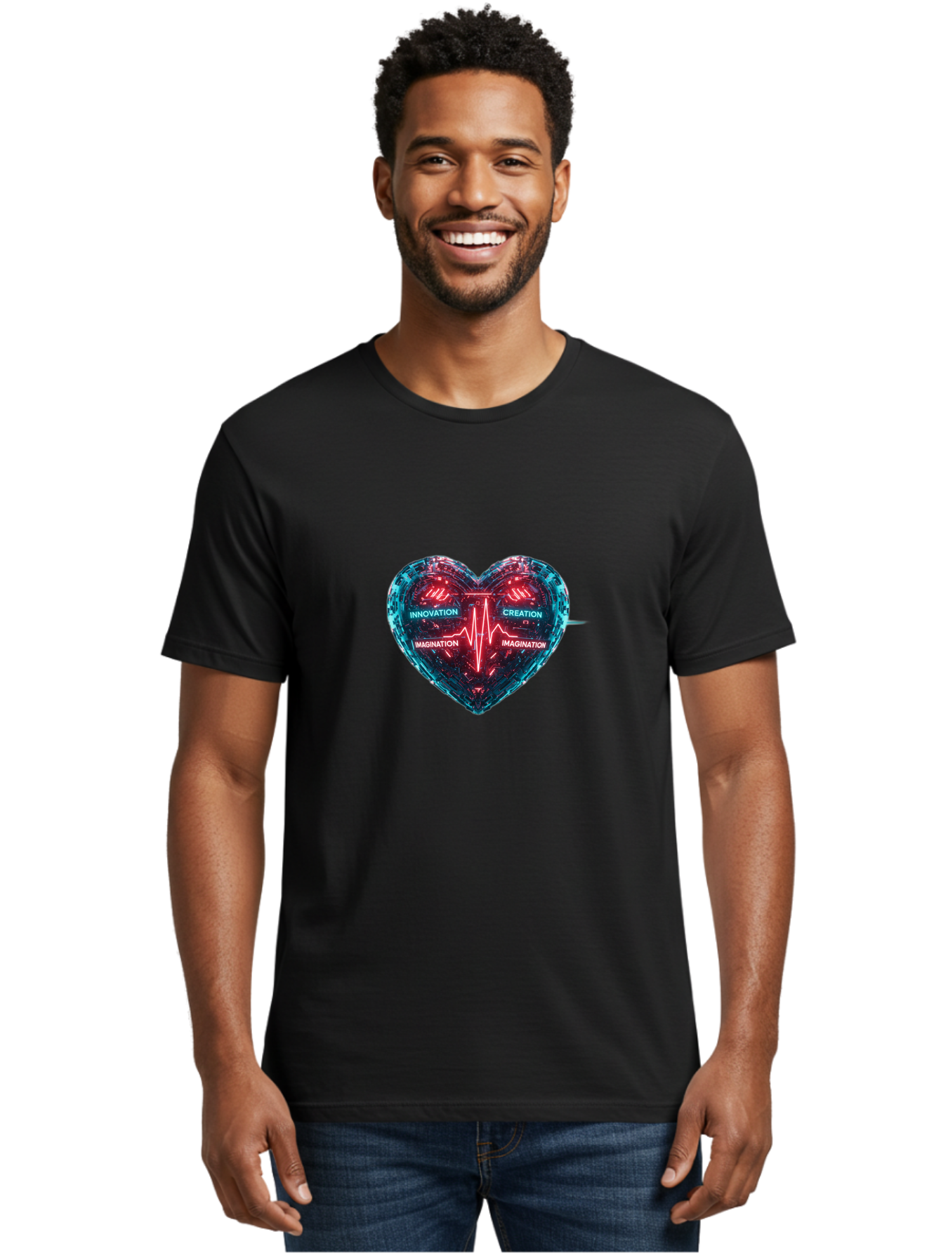 Innovation-Creation-Imagination Men'S Graphic Tee, 100% Cotton, Comfortable Casual Summer Wear, Machine Washable, Heart Shape, Circuit Board Design, Pulsating Heartbeat, Innovation, Creation, Imagination, Blue And Red Neon Lights, Bae212