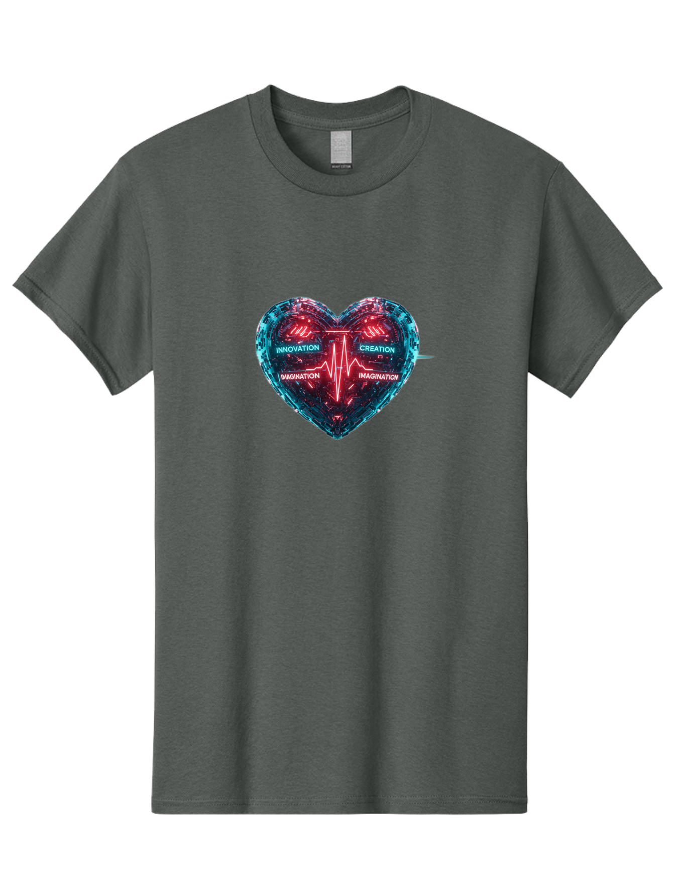 Innovation-Creation-Imagination Men'S Graphic Tee, 100% Cotton, Comfortable Casual Summer Wear, Machine Washable, Heart Shape, Circuit Board Design, Pulsating Heartbeat, Innovation, Creation, Imagination, Blue And Red Neon Lights, Bae212