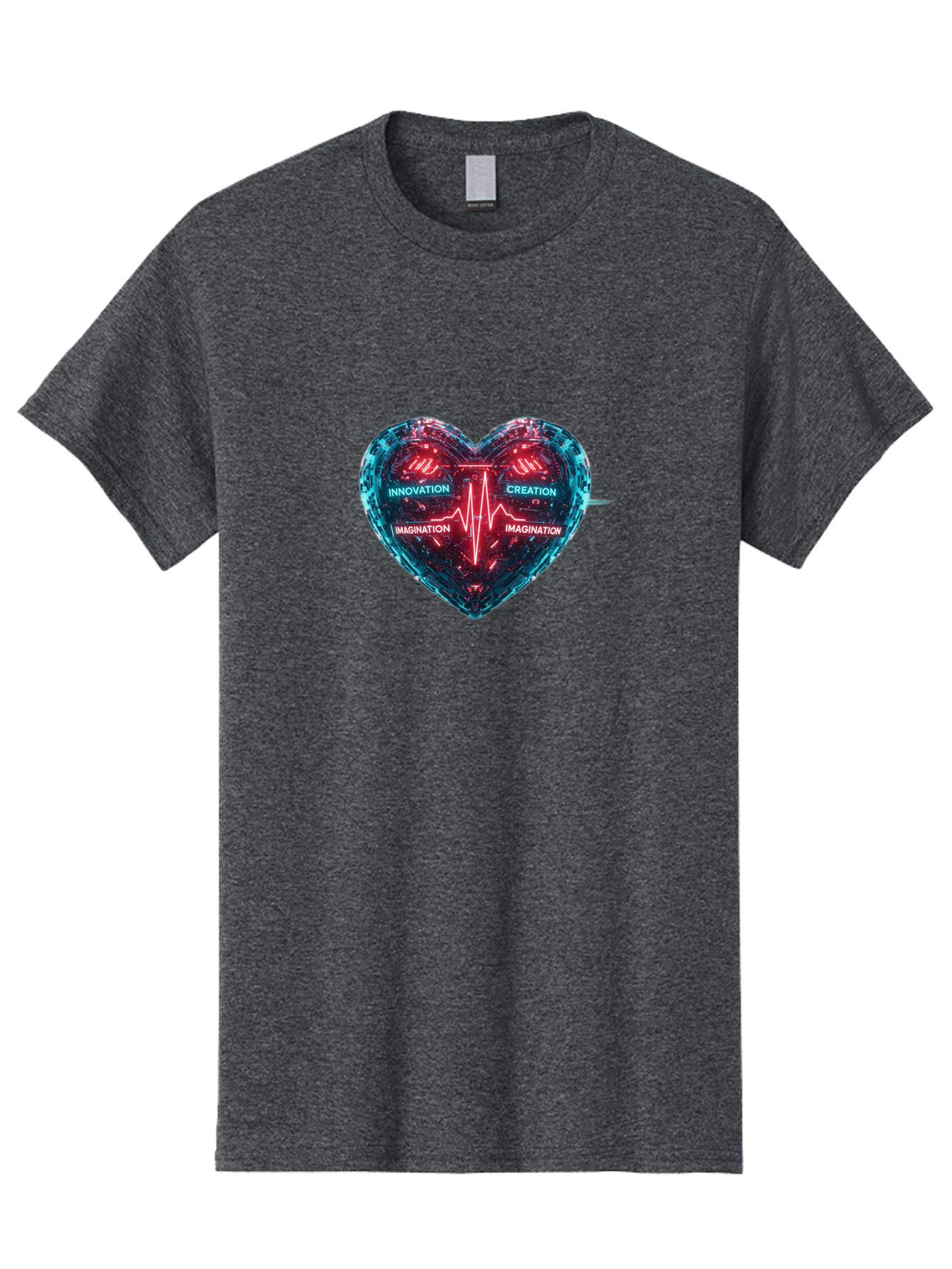 Innovation-Creation-Imagination Men'S Graphic Tee, 100% Cotton, Comfortable Casual Summer Wear, Machine Washable, Heart Shape, Circuit Board Design, Pulsating Heartbeat, Innovation, Creation, Imagination, Blue And Red Neon Lights, Bae212