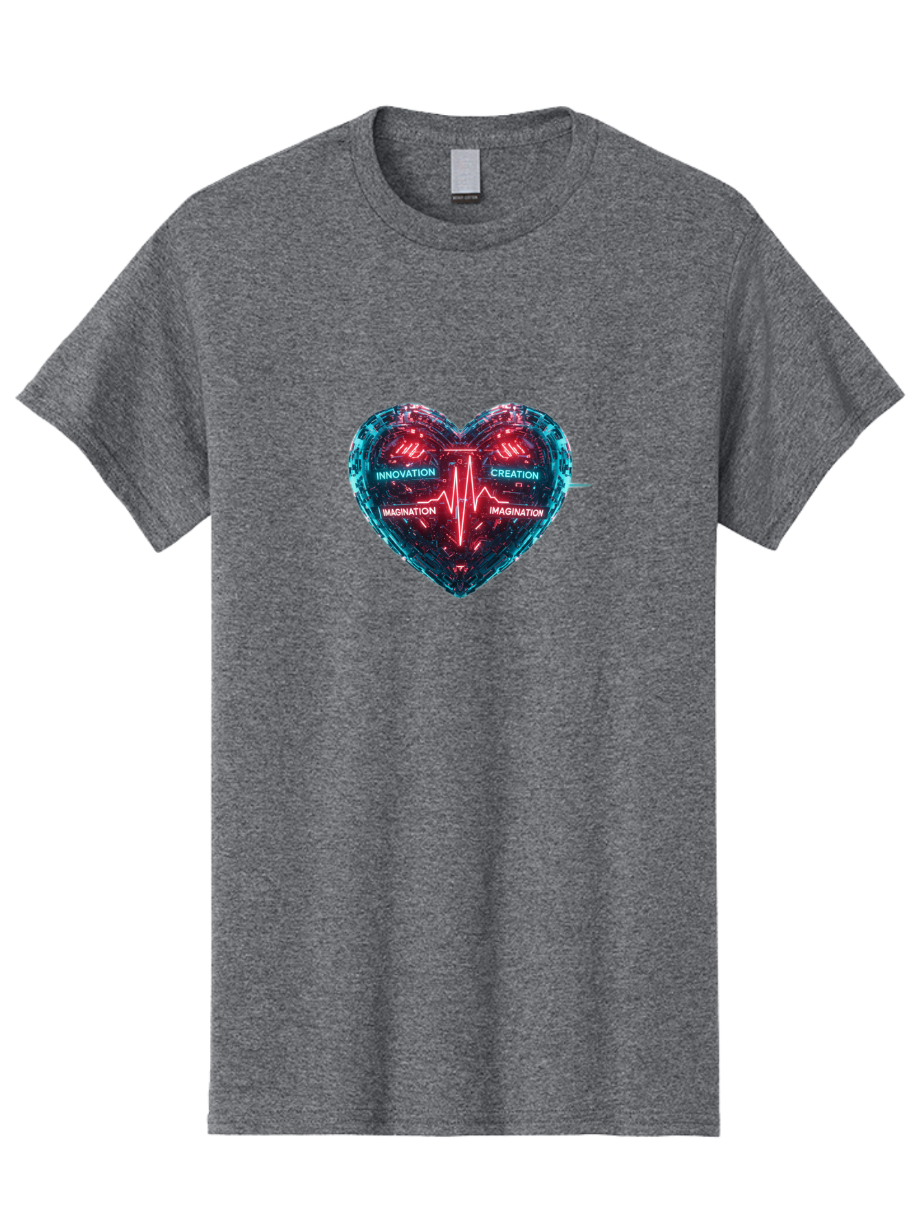 Innovation-Creation-Imagination Men'S Graphic Tee, 100% Cotton, Comfortable Casual Summer Wear, Machine Washable, Heart Shape, Circuit Board Design, Pulsating Heartbeat, Innovation, Creation, Imagination, Blue And Red Neon Lights, Bae212