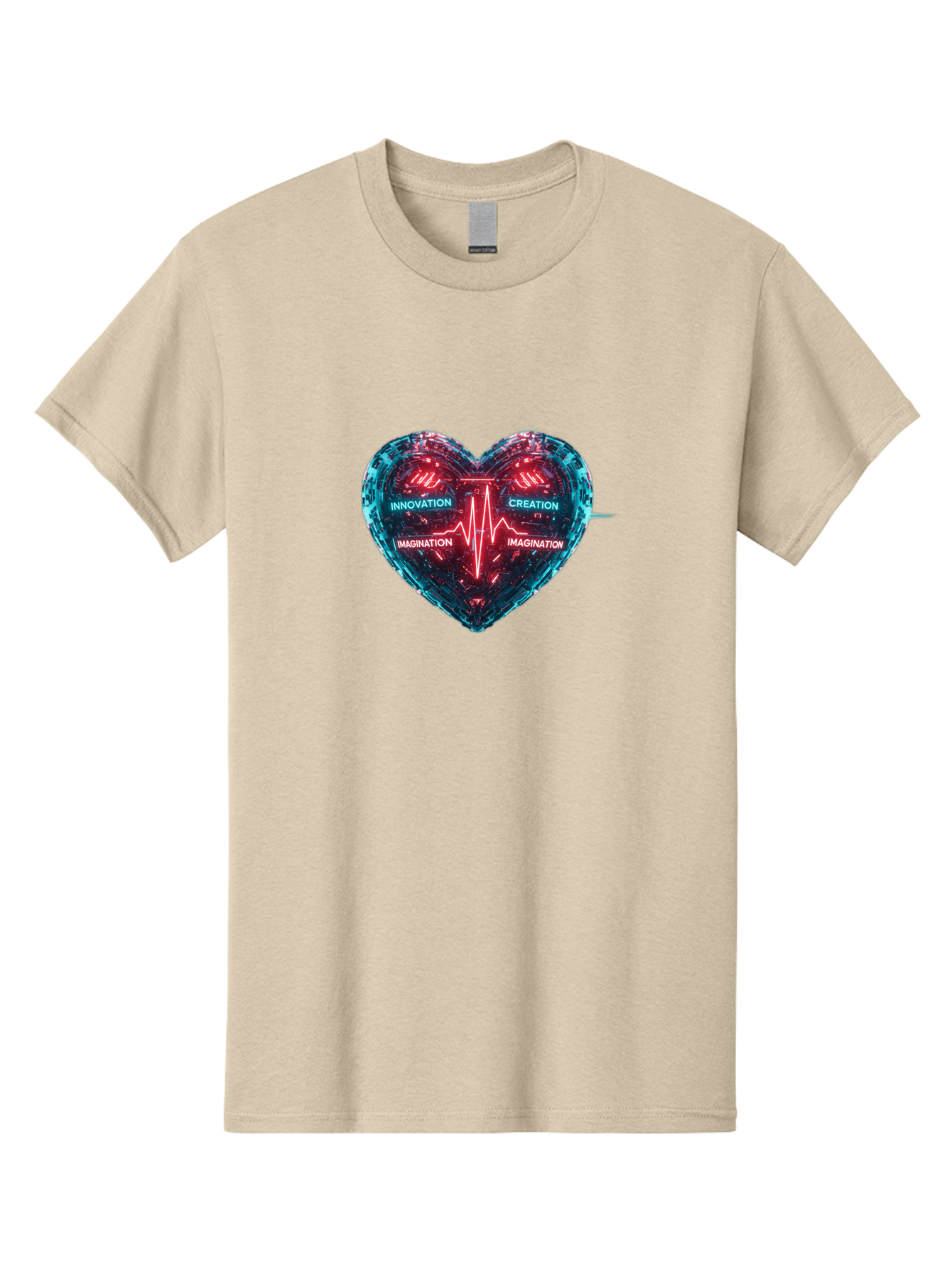 Innovation-Creation-Imagination Men'S Graphic Tee, 100% Cotton, Comfortable Casual Summer Wear, Machine Washable, Heart Shape, Circuit Board Design, Pulsating Heartbeat, Innovation, Creation, Imagination, Blue And Red Neon Lights, Bae212
