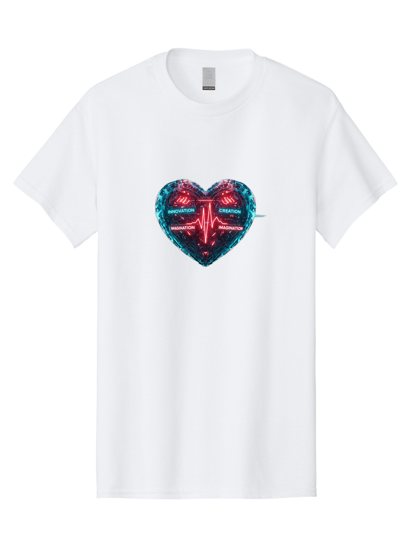 Innovation-Creation-Imagination Men'S Graphic Tee, 100% Cotton, Comfortable Casual Summer Wear, Machine Washable, Heart Shape, Circuit Board Design, Pulsating Heartbeat, Innovation, Creation, Imagination, Blue And Red Neon Lights, Bae212