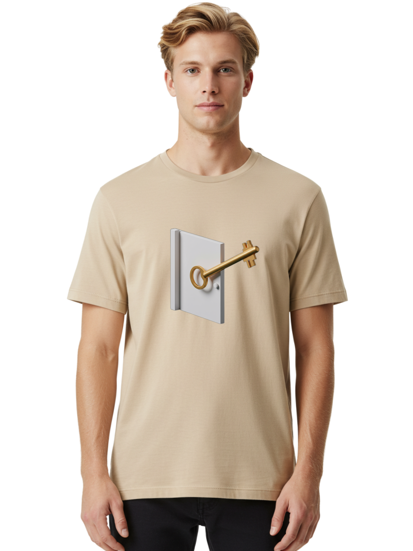 Key-In-Book Men'S Graphic Tee, 100% Cotton, Comfortable Casual Summer Wear, Machine Washable, Key In Door, Access Control, Security Solution, Locking Mechanism, Door Handle, 3D Rendering, Golden Key, White Door Bae213