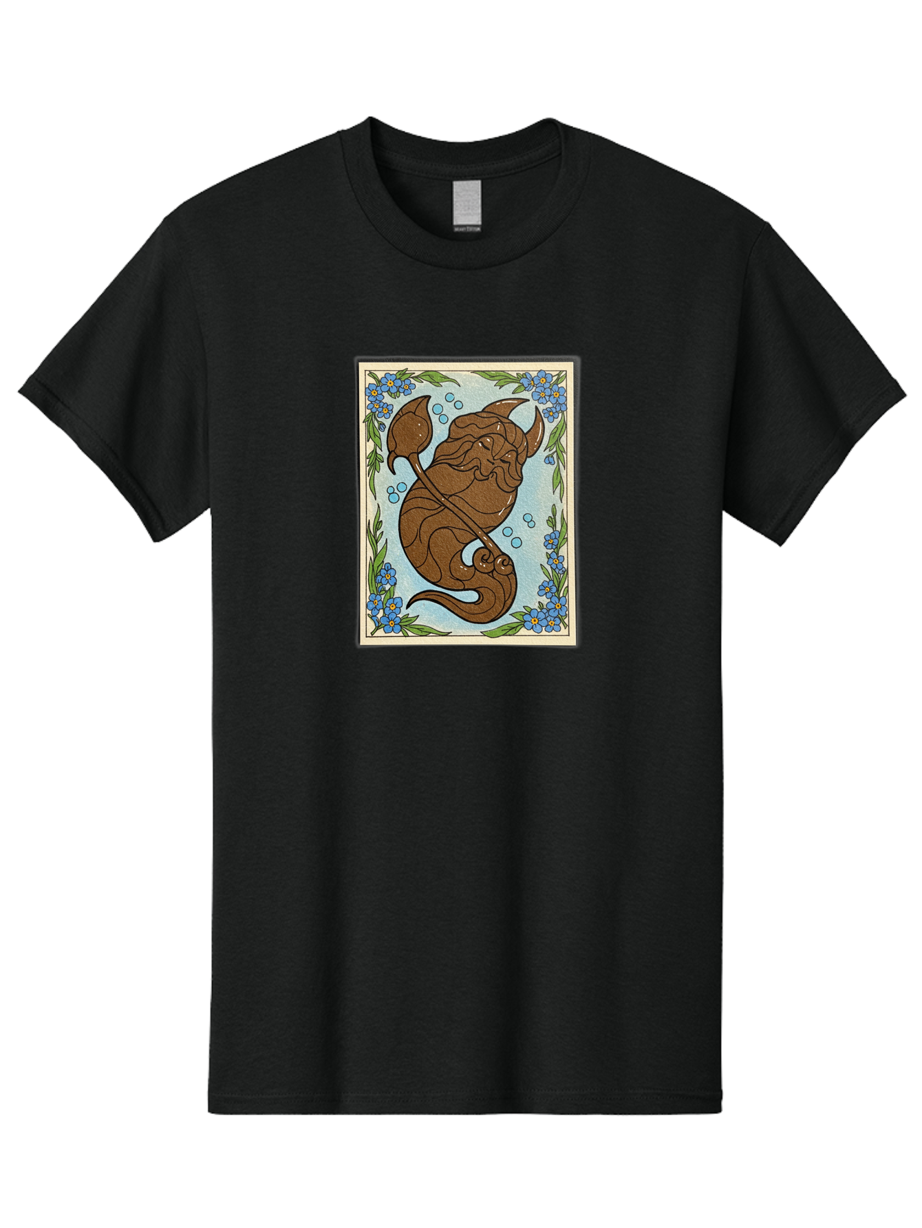 King-Neptune Men'S Graphic Tee, 100% Cotton, Comfortable Casual Summer Wear, Machine Washable, Merman With Trident, Mythical Creature, Underwater Scene, Blue Flowers, Green Leaves, Aquatic Fantasy, Ocean Mythology, Sea God, Folklore Character, Bae214