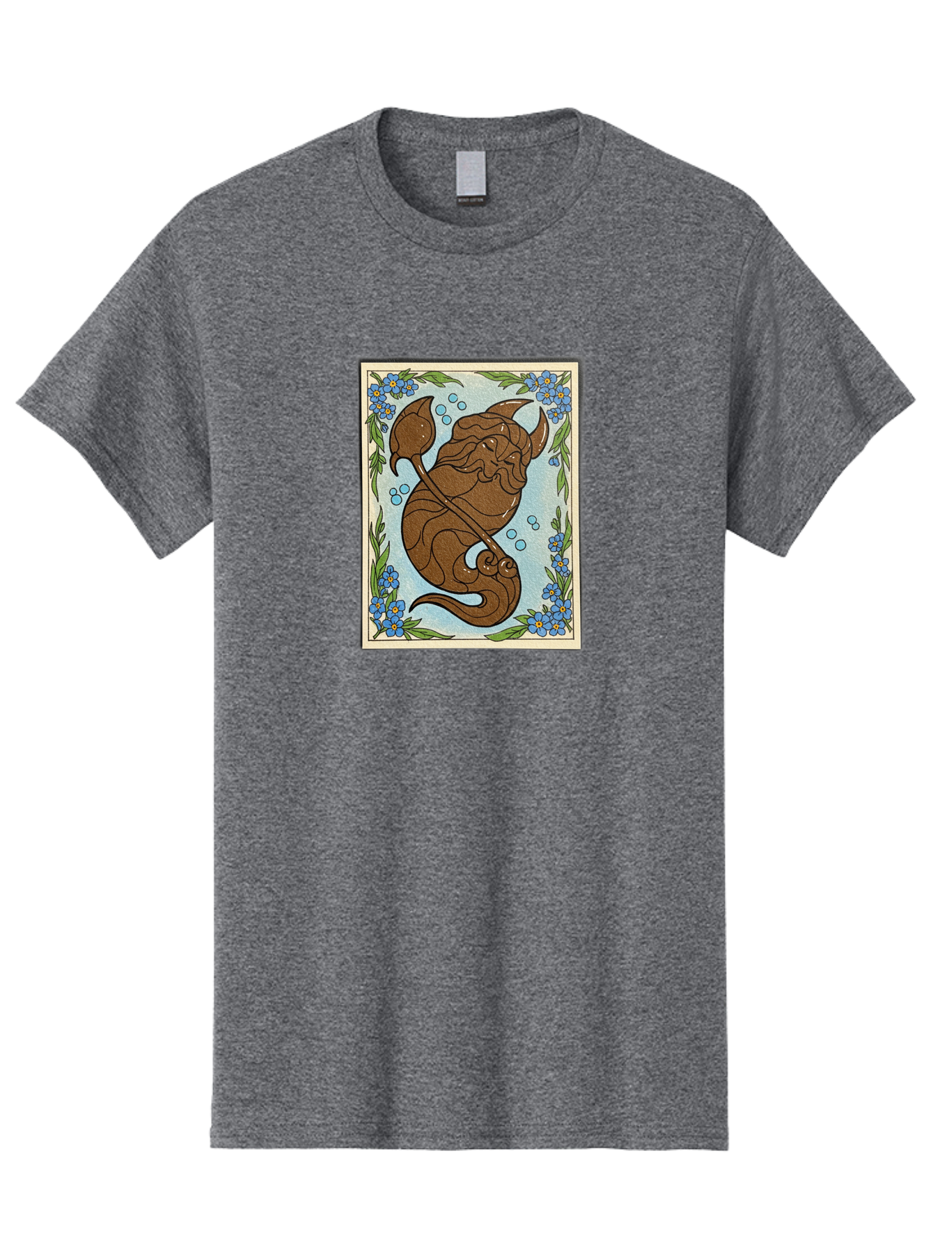 King-Neptune Men'S Graphic Tee, 100% Cotton, Comfortable Casual Summer Wear, Machine Washable, Merman With Trident, Mythical Creature, Underwater Scene, Blue Flowers, Green Leaves, Aquatic Fantasy, Ocean Mythology, Sea God, Folklore Character, Bae214