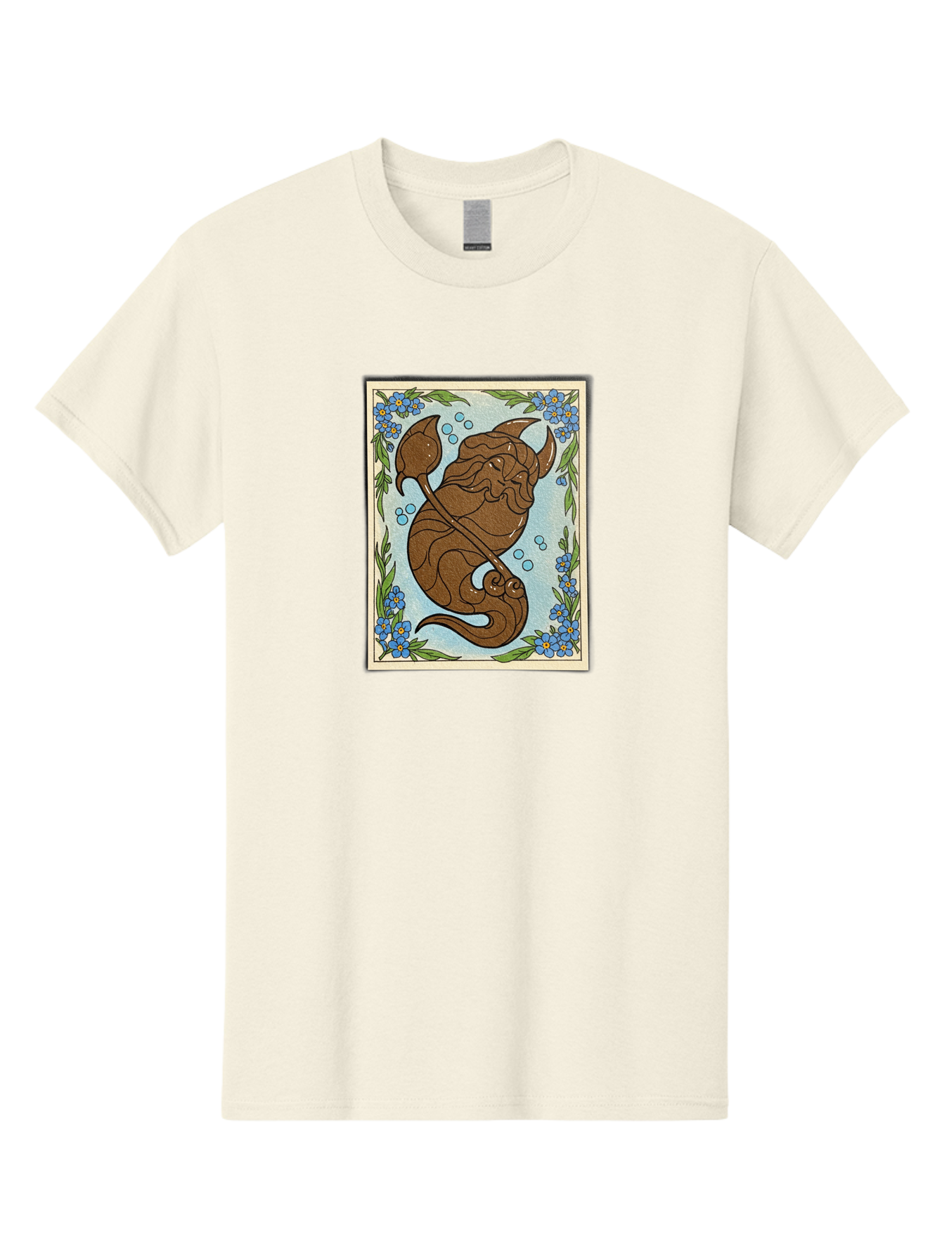 King-Neptune Men'S Graphic Tee, 100% Cotton, Comfortable Casual Summer Wear, Machine Washable, Merman With Trident, Mythical Creature, Underwater Scene, Blue Flowers, Green Leaves, Aquatic Fantasy, Ocean Mythology, Sea God, Folklore Character, Bae214