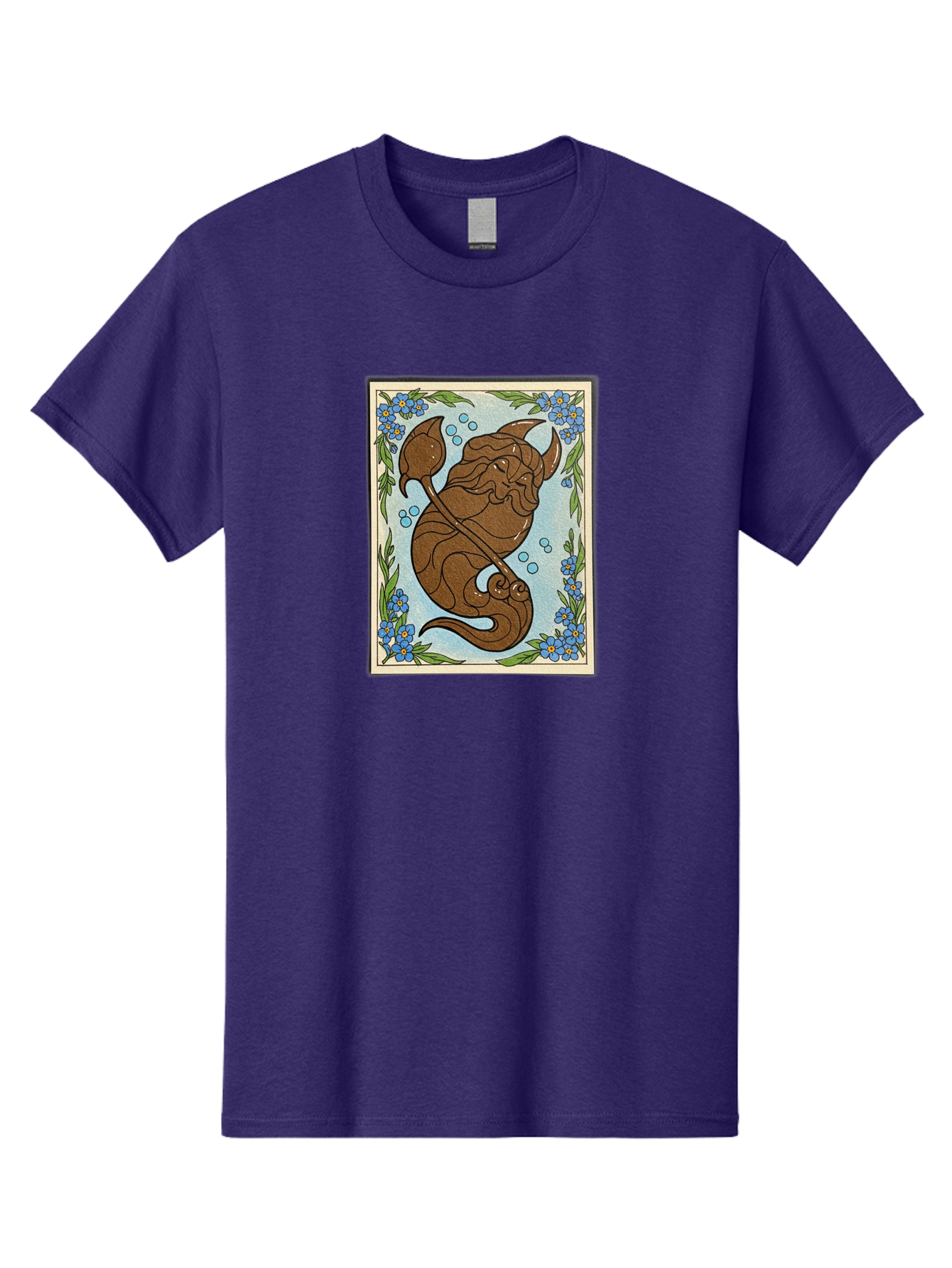 King-Neptune Men'S Graphic Tee, 100% Cotton, Comfortable Casual Summer Wear, Machine Washable, Merman With Trident, Mythical Creature, Underwater Scene, Blue Flowers, Green Leaves, Aquatic Fantasy, Ocean Mythology, Sea God, Folklore Character, Bae214