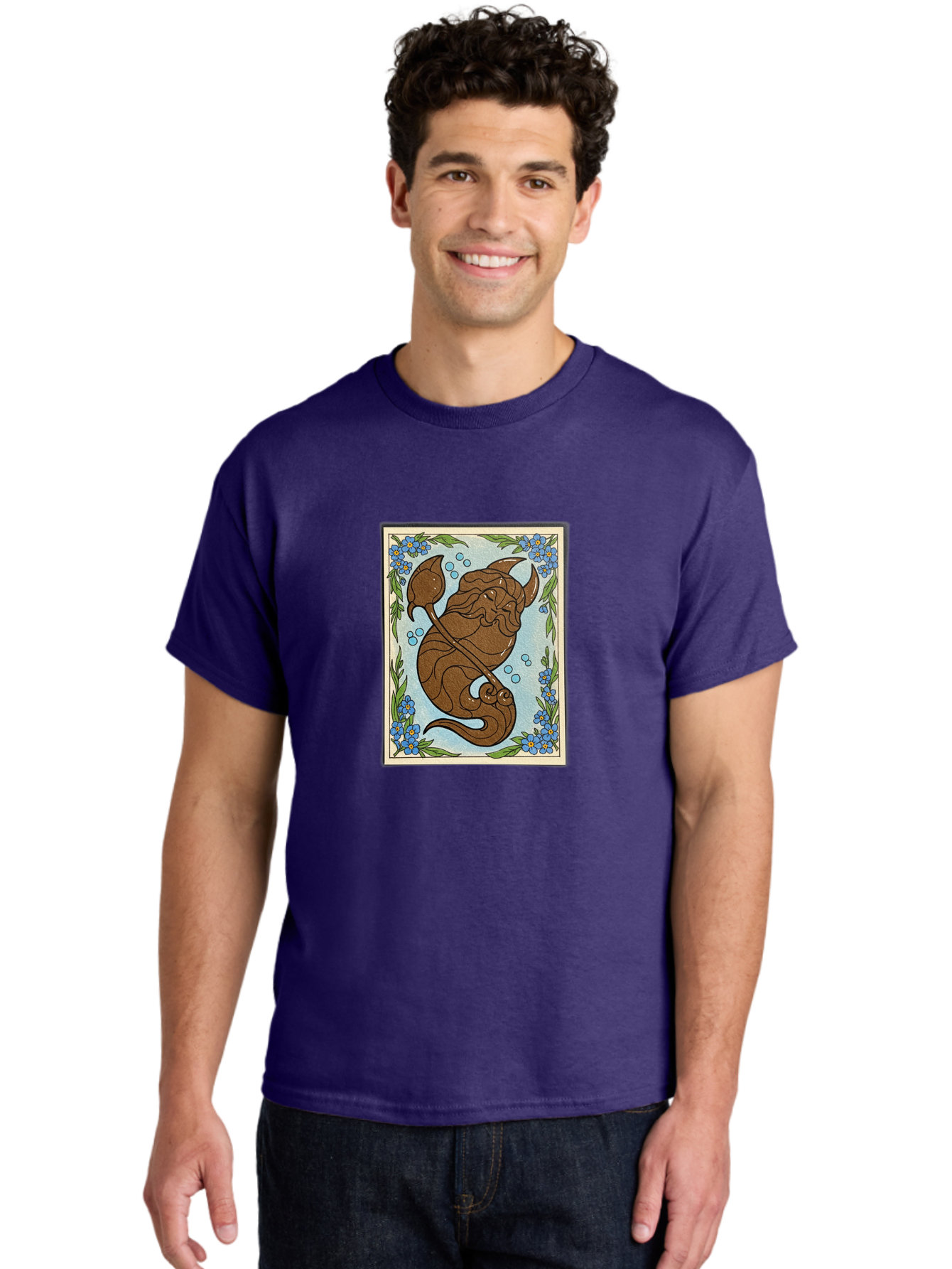 King-Neptune Men'S Graphic Tee, 100% Cotton, Comfortable Casual Summer Wear, Machine Washable, Merman With Trident, Mythical Creature, Underwater Scene, Blue Flowers, Green Leaves, Aquatic Fantasy, Ocean Mythology, Sea God, Folklore Character, Bae214