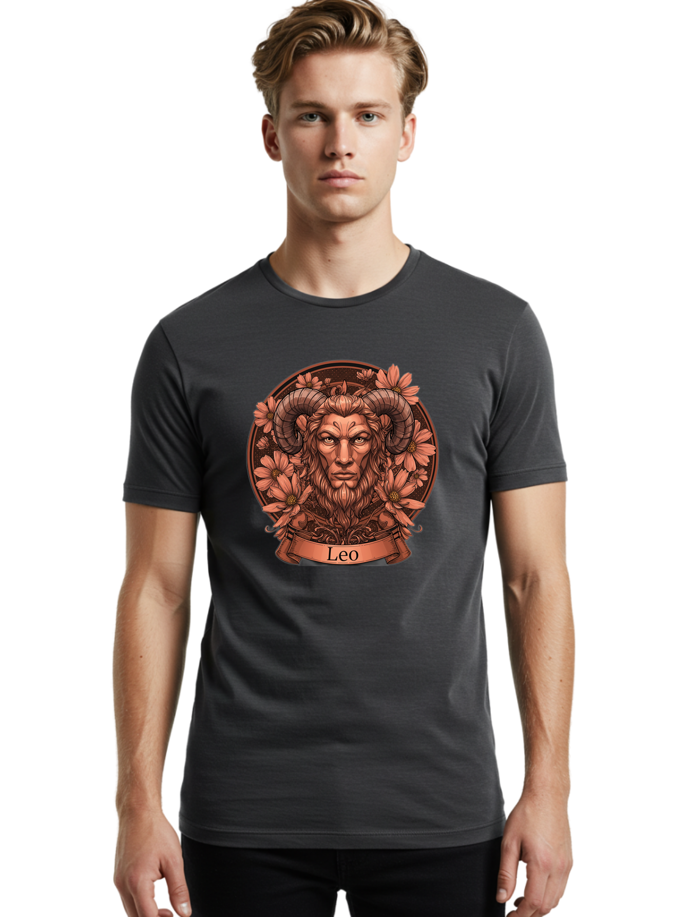 Leo-Zodiac Men'S Graphic Tee, 100% Cotton, Comfortable Casual Summer Wear, Machine Washable, Zodiac Sign, Astrological Symbol, Leo Horoscope, Mythical Creature, Floral Design, Ornate Illustration, Symbolic Representation, Mystical Art, Bae215