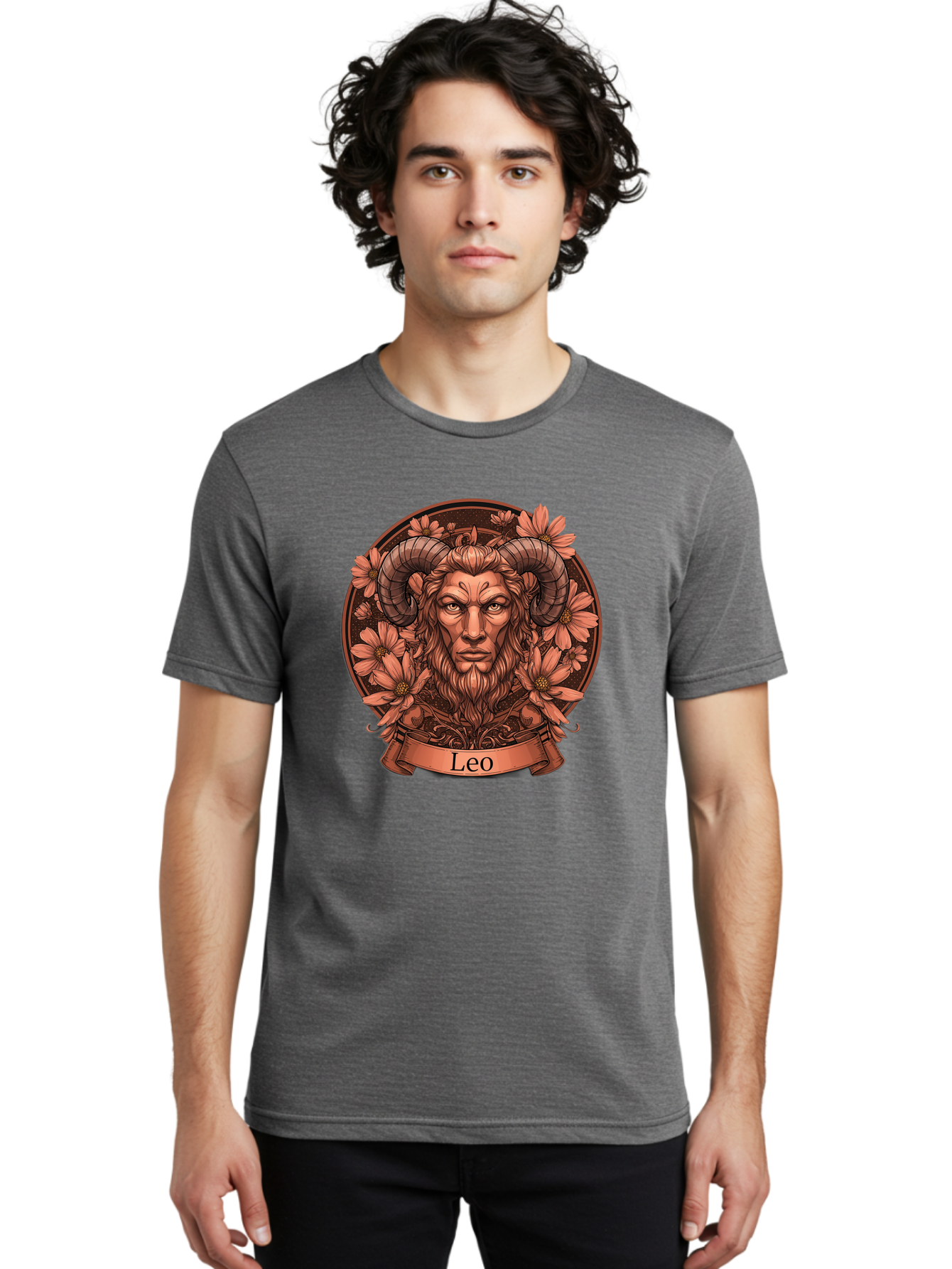 Leo-Zodiac Men'S Graphic Tee, 100% Cotton, Comfortable Casual Summer Wear, Machine Washable, Zodiac Sign, Astrological Symbol, Leo Horoscope, Mythical Creature, Floral Design, Ornate Illustration, Symbolic Representation, Mystical Art, Bae215
