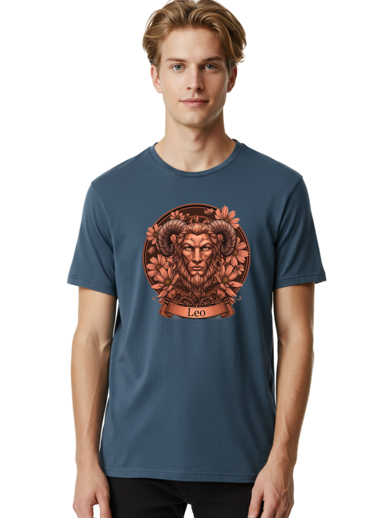 Leo-Zodiac Men'S Graphic Tee, 100% Cotton, Comfortable Casual Summer Wear, Machine Washable, Zodiac Sign, Astrological Symbol, Leo Horoscope, Mythical Creature, Floral Design, Ornate Illustration, Symbolic Representation, Mystical Art, Bae215
