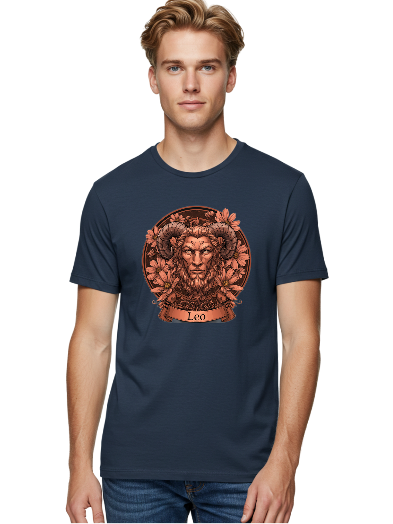 Leo-Zodiac Men'S Graphic Tee, 100% Cotton, Comfortable Casual Summer Wear, Machine Washable, Zodiac Sign, Astrological Symbol, Leo Horoscope, Mythical Creature, Floral Design, Ornate Illustration, Symbolic Representation, Mystical Art, Bae215