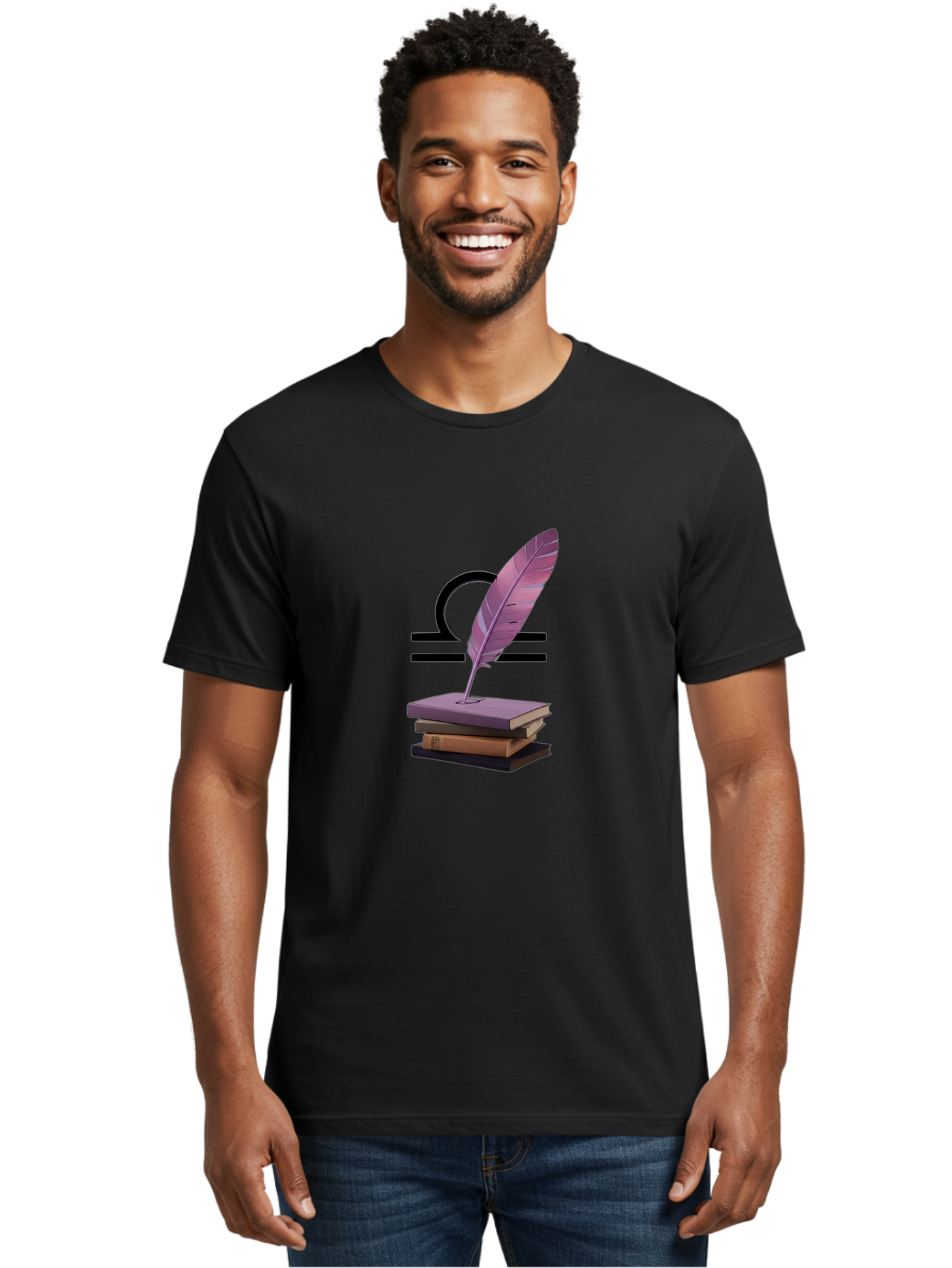 Libra-Quill Men'S Graphic Tee, 100% Cotton, Comfortable Casual Summer Wear, Machine Washable, Quill Pen On Notebook, Libra Symbol, Astrology, Writing, Journaling, Creativity, Self-Expression, Zodiac Sign, Purple Quill, Stacked Books Bae216