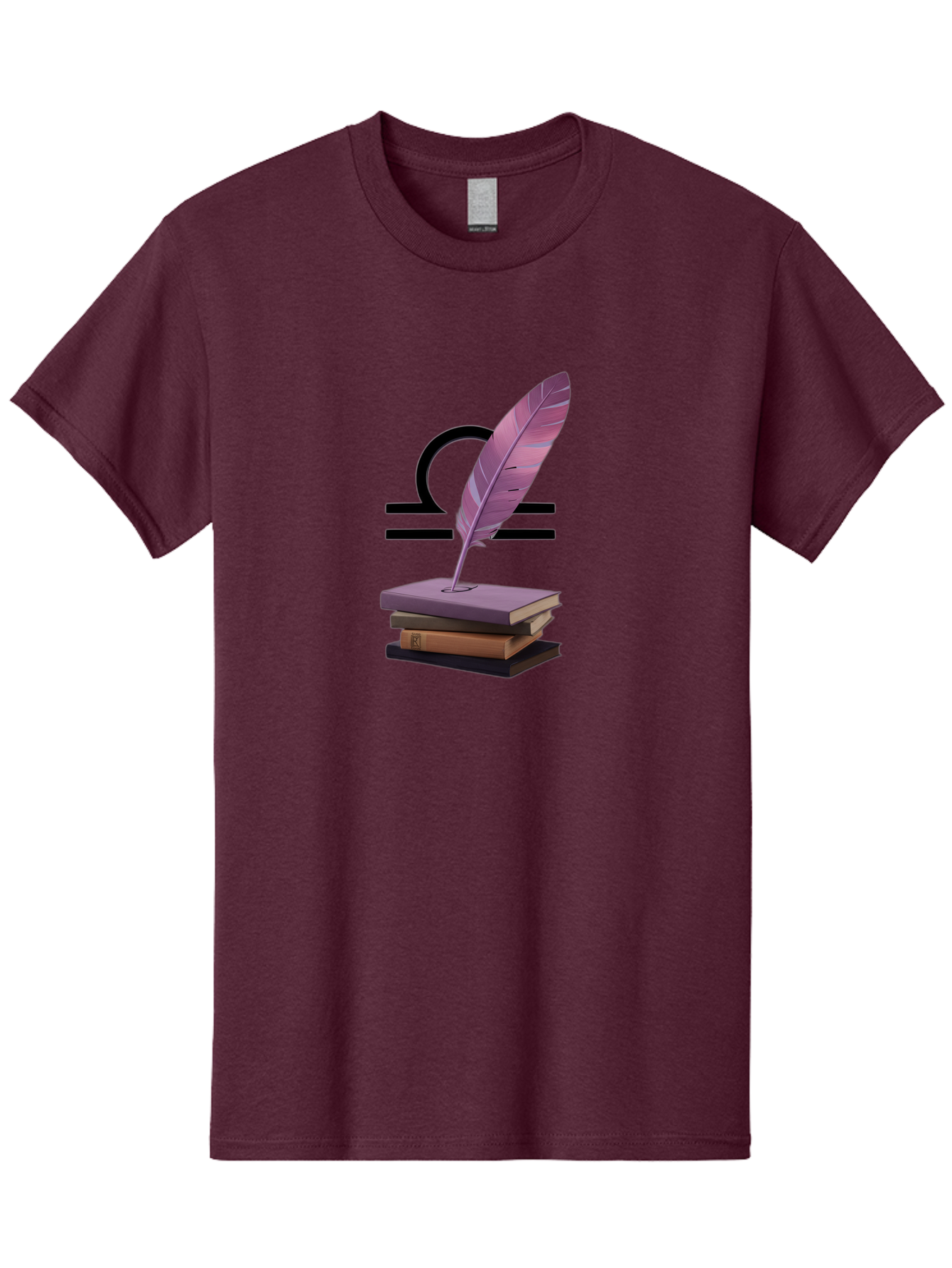 Libra-Quill Men'S Graphic Tee, 100% Cotton, Comfortable Casual Summer Wear, Machine Washable, Quill Pen On Notebook, Libra Symbol, Astrology, Writing, Journaling, Creativity, Self-Expression, Zodiac Sign, Purple Quill, Stacked Books Bae216