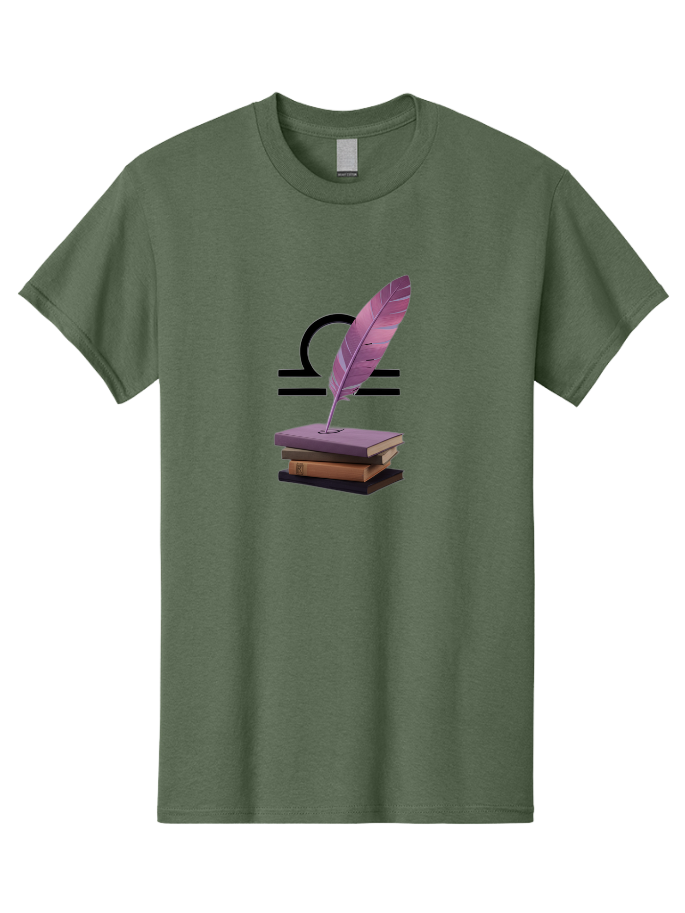 Libra-Quill Men'S Graphic Tee, 100% Cotton, Comfortable Casual Summer Wear, Machine Washable, Quill Pen On Notebook, Libra Symbol, Astrology, Writing, Journaling, Creativity, Self-Expression, Zodiac Sign, Purple Quill, Stacked Books Bae216
