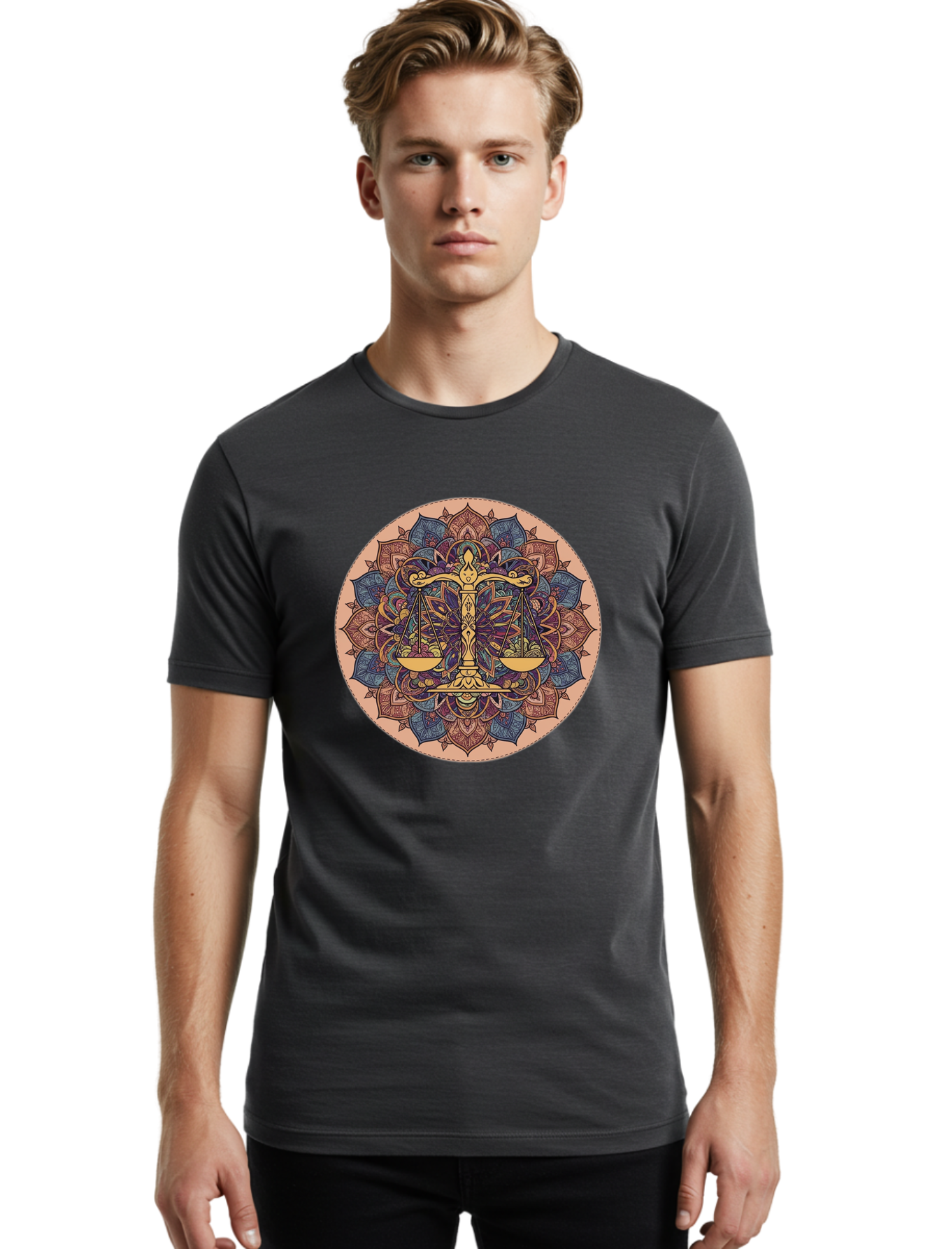 Libra-Scales-Mandala Men'S Graphic Tee, 100% Cotton, Comfortable Casual Summer Wear, Machine Washable, Libra Scales, Intricate Mandala Design, Floral Patterns, Balance And Harmony, Astrology Symbol, Zodiac Sign, Decorative Art, Mystical Vibes, Bae217