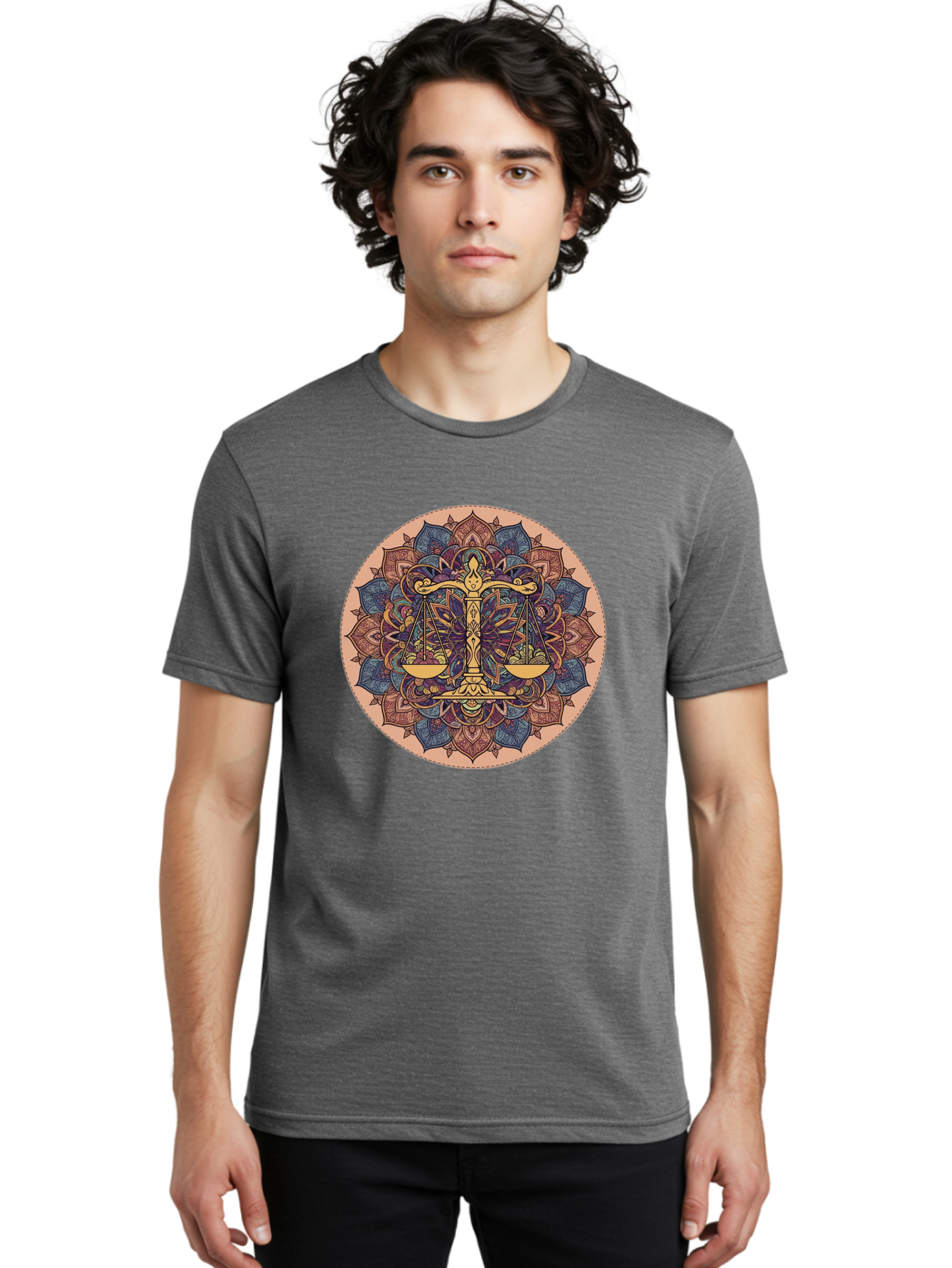 Libra-Scales-Mandala Men'S Graphic Tee, 100% Cotton, Comfortable Casual Summer Wear, Machine Washable, Libra Scales, Intricate Mandala Design, Floral Patterns, Balance And Harmony, Astrology Symbol, Zodiac Sign, Decorative Art, Mystical Vibes, Bae217