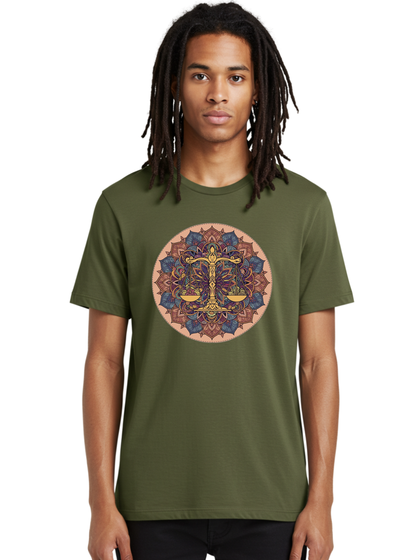 Libra-Scales-Mandala Men'S Graphic Tee, 100% Cotton, Comfortable Casual Summer Wear, Machine Washable, Libra Scales, Intricate Mandala Design, Floral Patterns, Balance And Harmony, Astrology Symbol, Zodiac Sign, Decorative Art, Mystical Vibes, Bae217