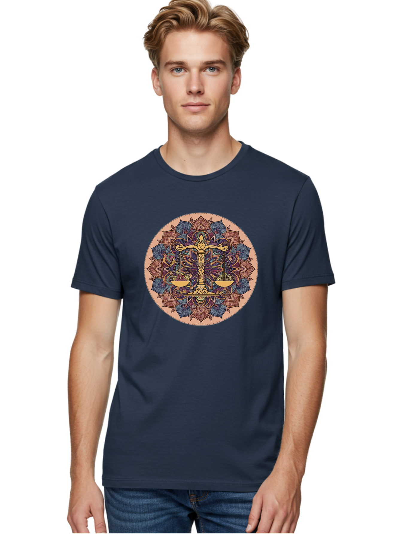 Libra-Scales-Mandala Men'S Graphic Tee, 100% Cotton, Comfortable Casual Summer Wear, Machine Washable, Libra Scales, Intricate Mandala Design, Floral Patterns, Balance And Harmony, Astrology Symbol, Zodiac Sign, Decorative Art, Mystical Vibes, Bae217