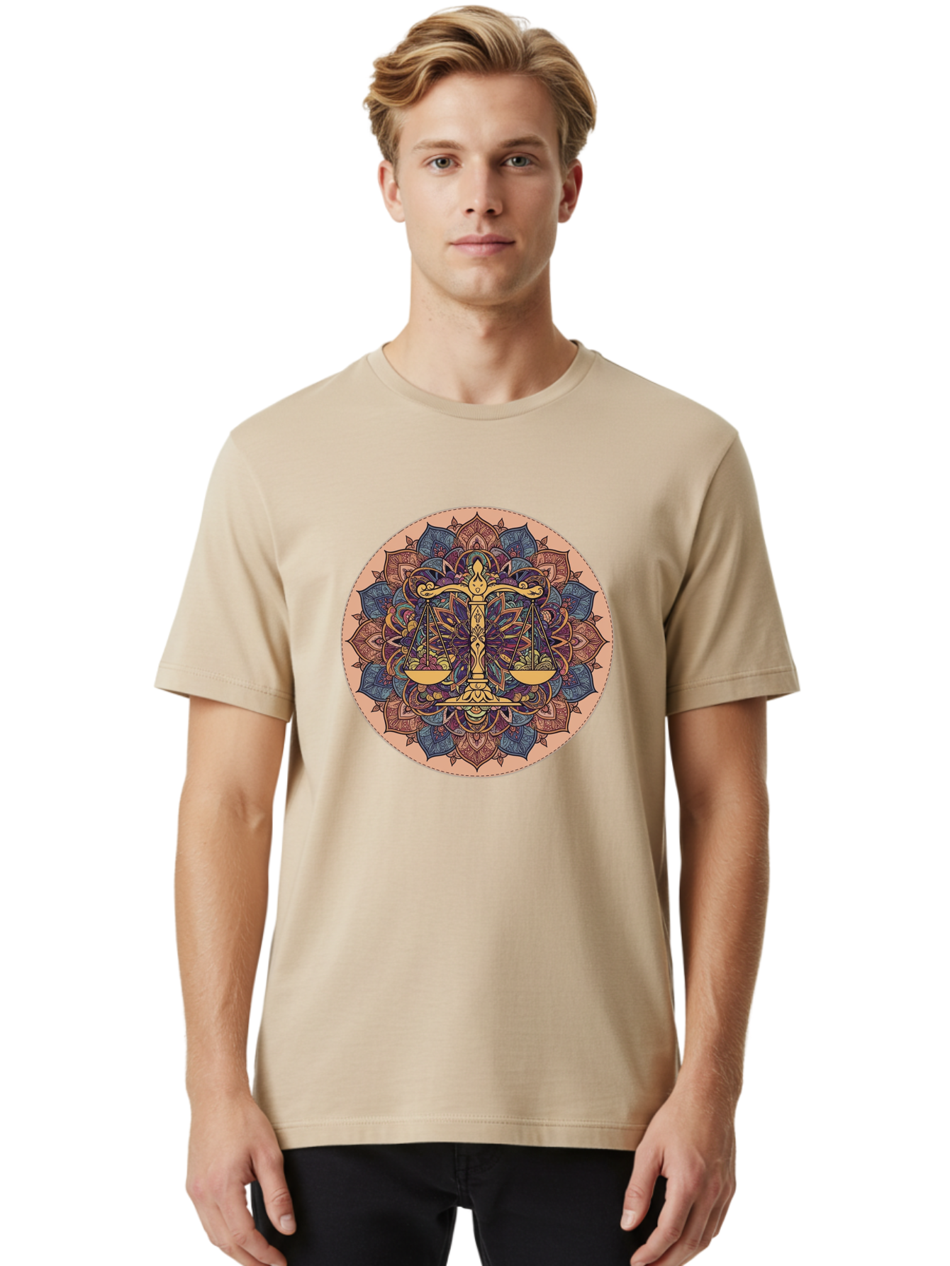 Libra-Scales-Mandala Men'S Graphic Tee, 100% Cotton, Comfortable Casual Summer Wear, Machine Washable, Libra Scales, Intricate Mandala Design, Floral Patterns, Balance And Harmony, Astrology Symbol, Zodiac Sign, Decorative Art, Mystical Vibes, Bae217