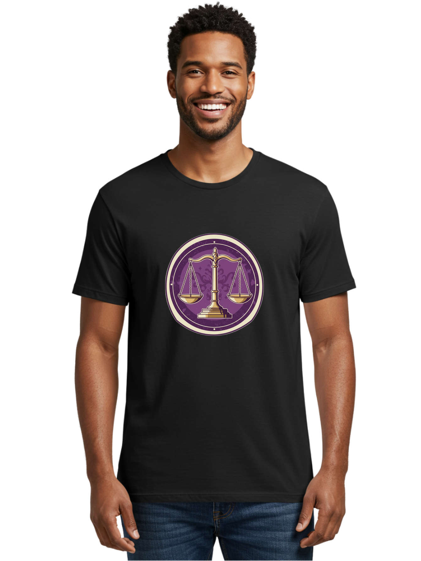 Libra-Scales Men'S Graphic Tee, 100% Cotton, Comfortable Casual Summer Wear, Machine Washable, Scales Of Justice, Balance And Harmony, Libra Zodiac Sign, Gold Scales, Purple Circle, Justice Symbol, Equilibrium, Fairness, Astrology Symbol Bae218