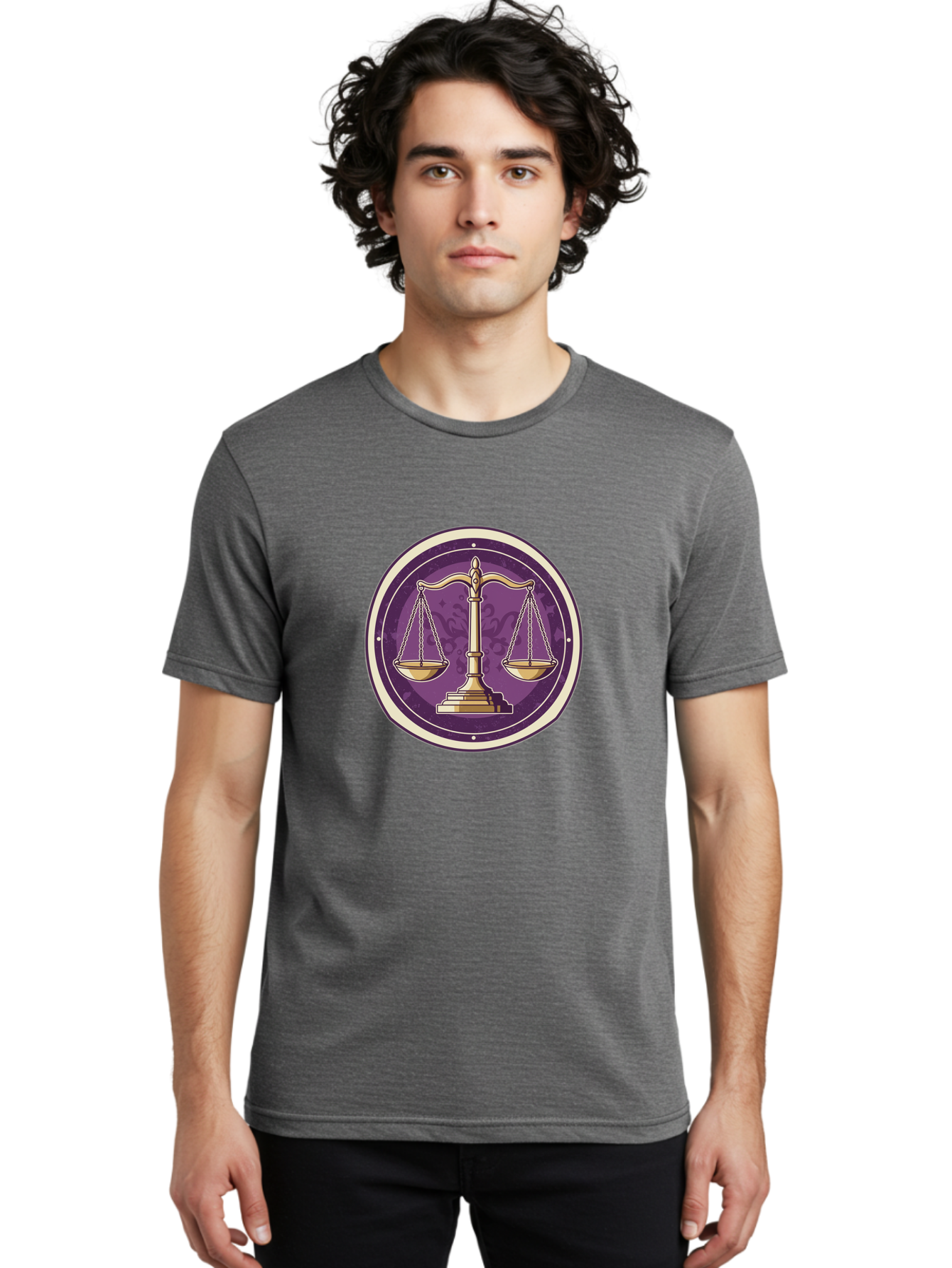 Libra-Scales Men'S Graphic Tee, 100% Cotton, Comfortable Casual Summer Wear, Machine Washable, Scales Of Justice, Balance And Harmony, Libra Zodiac Sign, Gold Scales, Purple Circle, Justice Symbol, Equilibrium, Fairness, Astrology Symbol Bae218