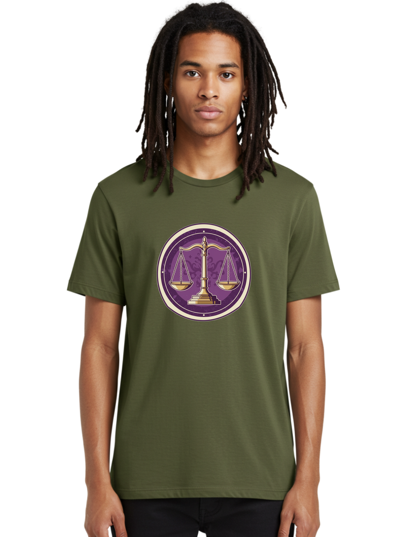 Libra-Scales Men'S Graphic Tee, 100% Cotton, Comfortable Casual Summer Wear, Machine Washable, Scales Of Justice, Balance And Harmony, Libra Zodiac Sign, Gold Scales, Purple Circle, Justice Symbol, Equilibrium, Fairness, Astrology Symbol Bae218