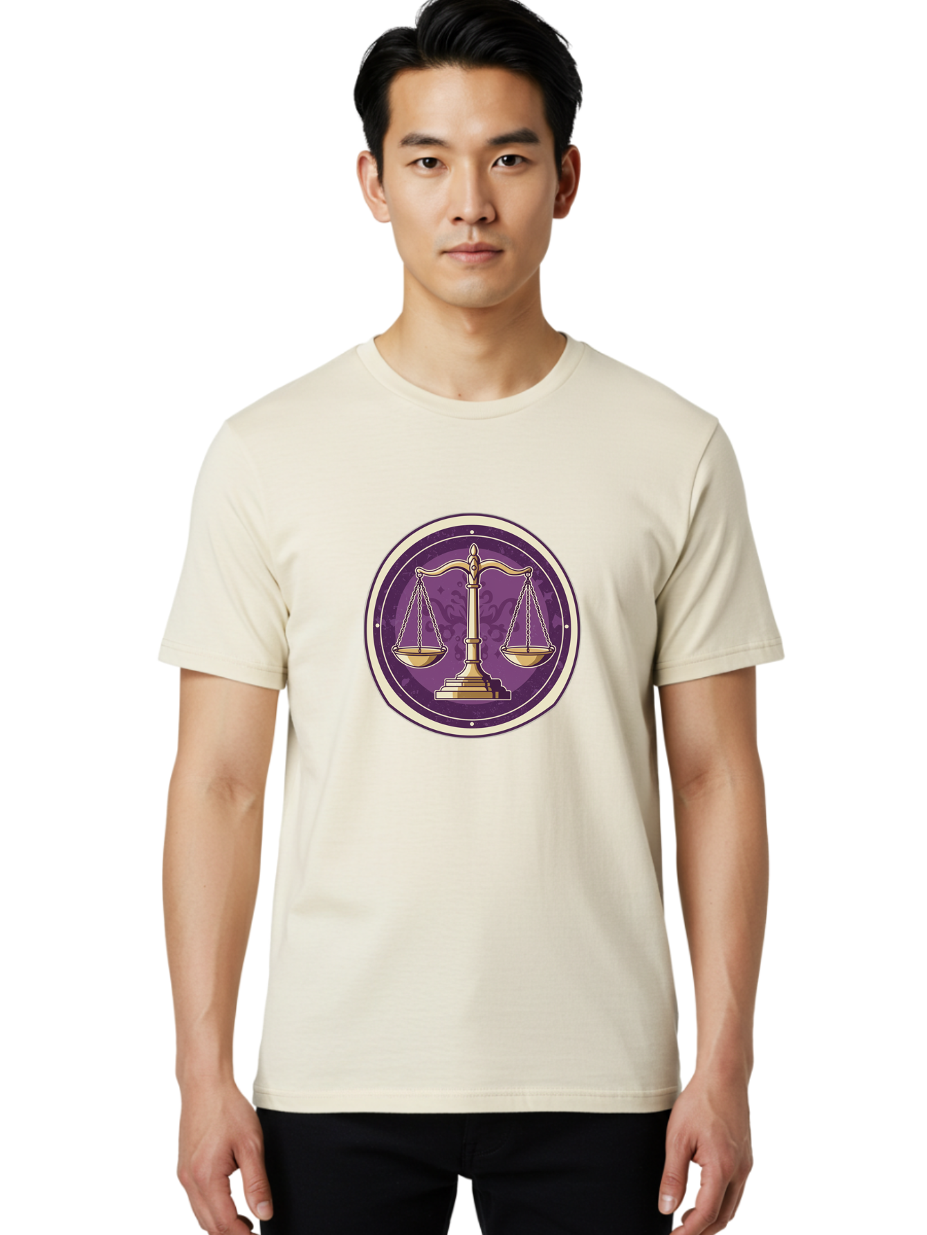 Libra-Scales Men'S Graphic Tee, 100% Cotton, Comfortable Casual Summer Wear, Machine Washable, Scales Of Justice, Balance And Harmony, Libra Zodiac Sign, Gold Scales, Purple Circle, Justice Symbol, Equilibrium, Fairness, Astrology Symbol Bae218