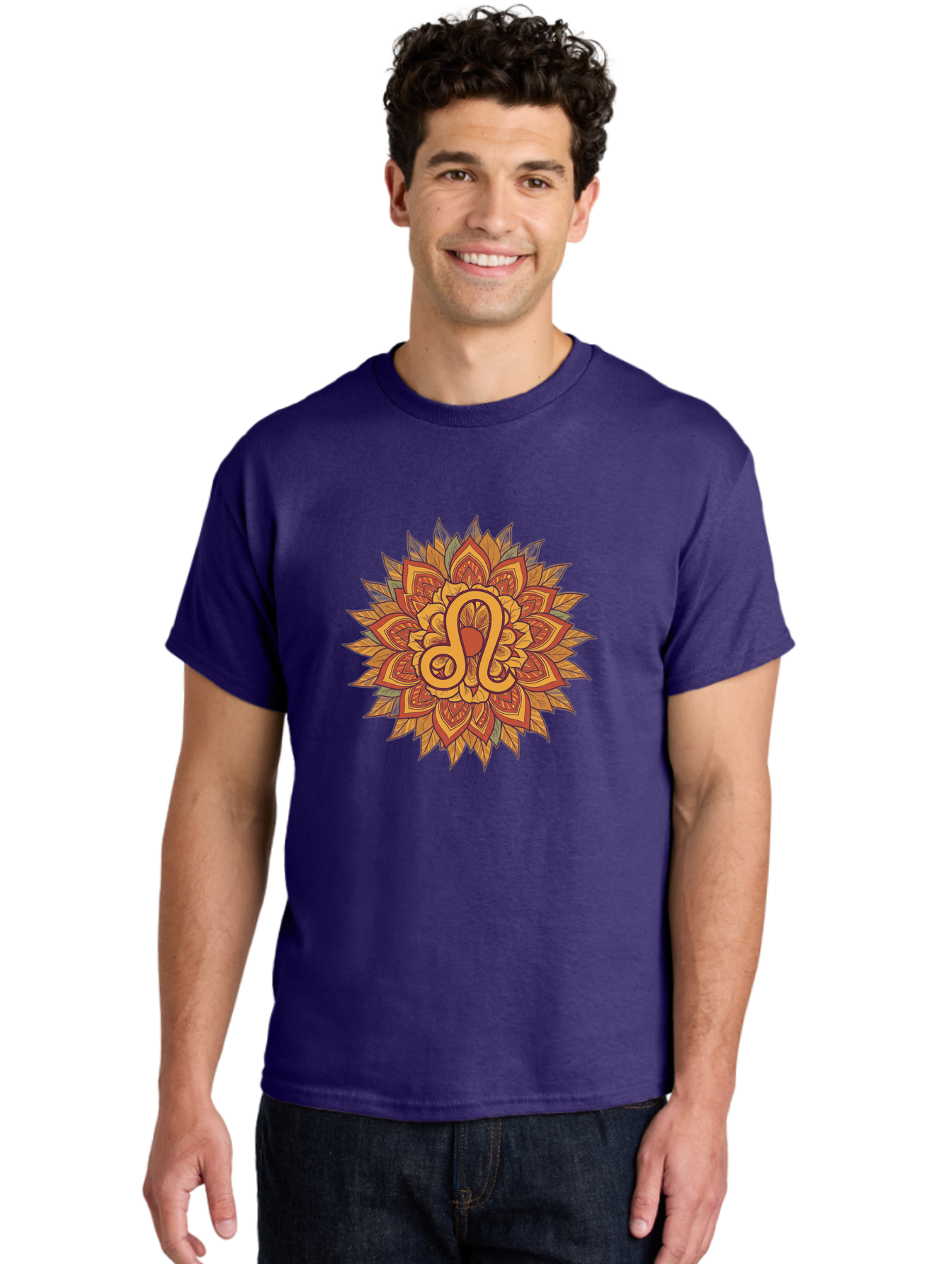 Libra-Symbol-Mandala Men'S Graphic Tee, 100% Cotton, Comfortable Casual Summer Wear, Machine Washable, Libra Symbol, Intricate Mandala Design, Floral Patterns, Orange And Red Hues, Symbolic Representation, Astrological Sign, Zodiac Art, Bae219