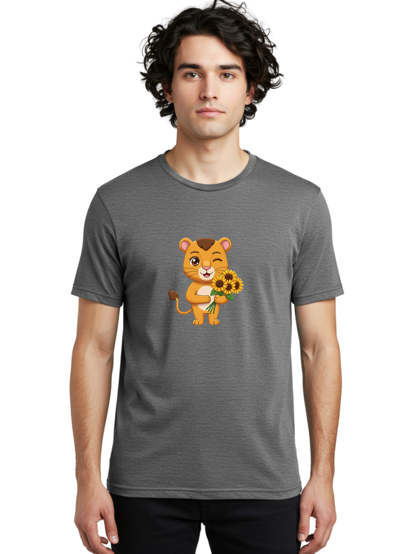 Lion-Holding-Sunflowers Men'S Graphic Tee, 100% Cotton, Comfortable Casual Summer Wear, Machine Washable, Cartoon Lion, Holding Sunflowers, Happy Expression, Cute Character, Yellow Flowers, Smiling Animal, Friendly Creature, Bae221
