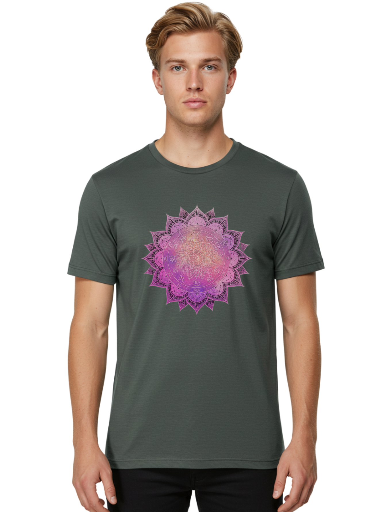 Lotus-Flower-Mandala Men'S Graphic Tee, 100% Cotton, Comfortable Casual Summer Wear, Machine Washable, Sacred Geometry, Spiritual Symbols, Mystical Art, Intricate Patterns, Mandala Design, Purple Hues, Symbolic Representation, Bae223