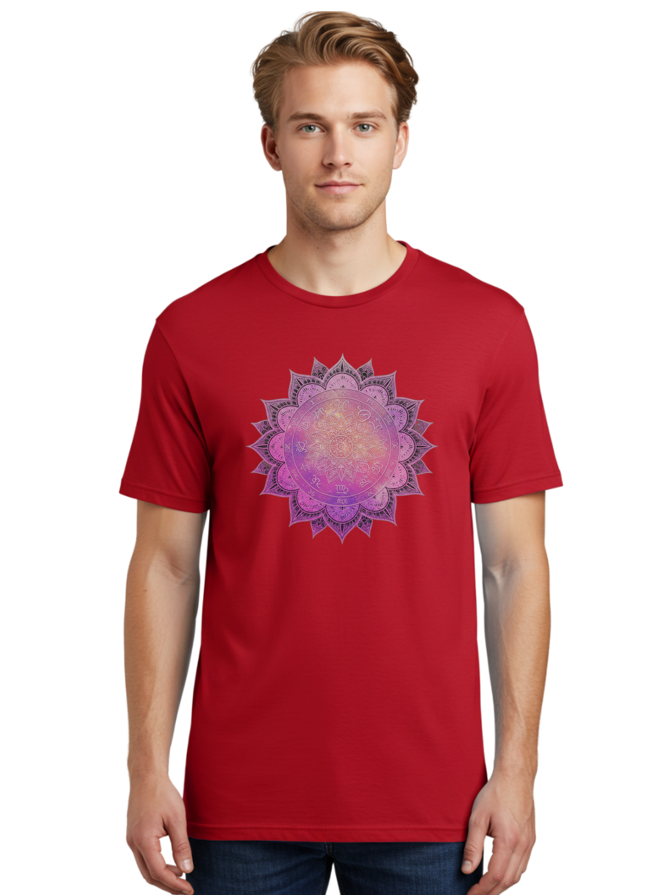 Lotus-Flower-Mandala Men'S Graphic Tee, 100% Cotton, Comfortable Casual Summer Wear, Machine Washable, Sacred Geometry, Spiritual Symbols, Mystical Art, Intricate Patterns, Mandala Design, Purple Hues, Symbolic Representation, Bae223