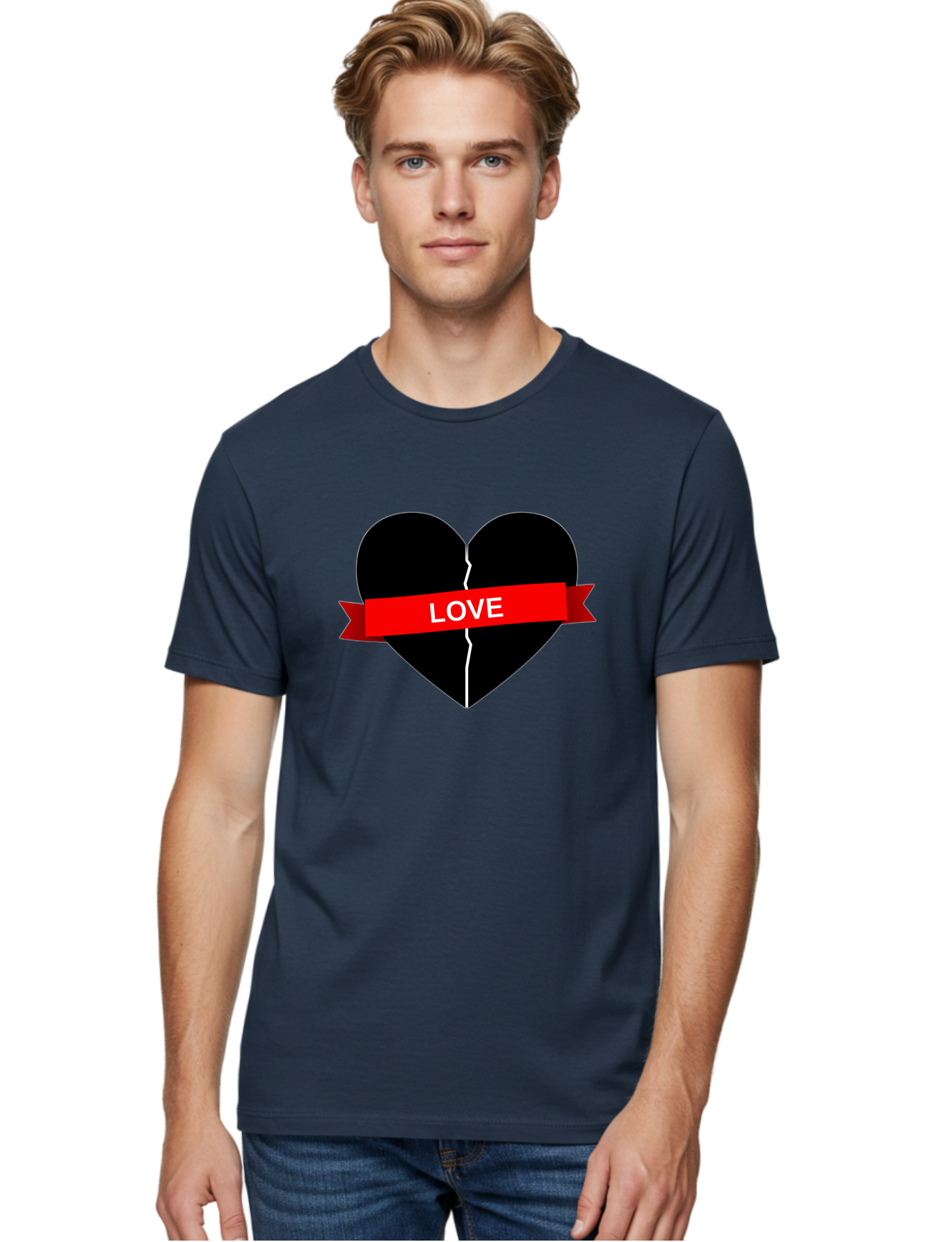 Love-Broken-Heart Men'S Graphic Tee, 100% Cotton, Comfortable Casual Summer Wear, Machine Washable, Broken Heart, Heartbreak, Love Symbol, Red Ribbon, White Text, Split Heart, Cracked Heart, Heart Illustration, Heart Graphic, Torn Love Bae224