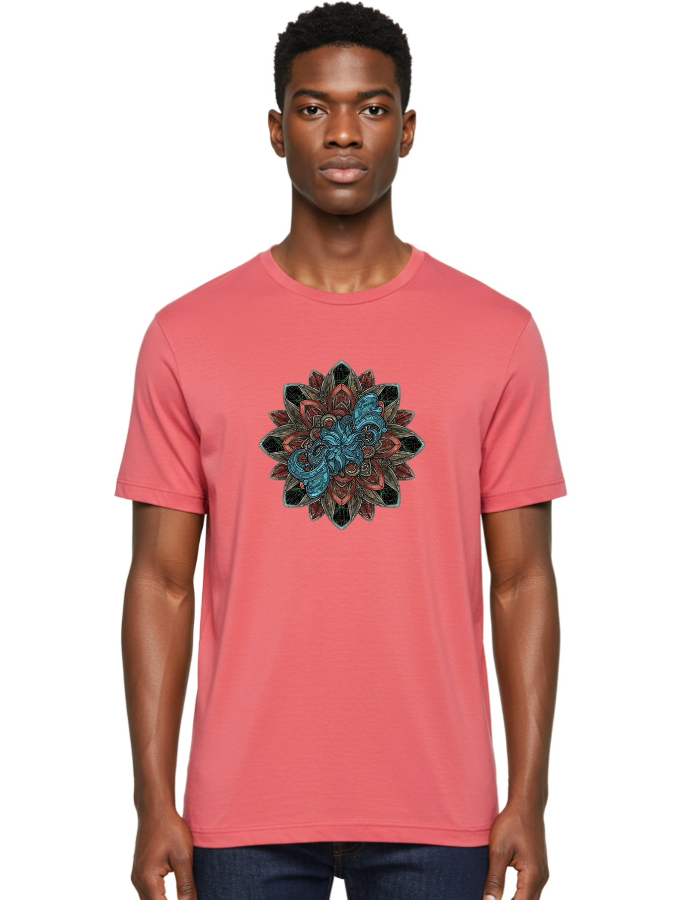 Mandala-Design Men'S Graphic Tee, 100% Cotton, Comfortable Casual Summer Wear, Machine Washable, Intricate Mandala Design, Octopus In The Center, Swirling Tentacles, Bohemian Art, Vibrant Colors, Abstract Patterns, Symbolic Artwork, Bae228