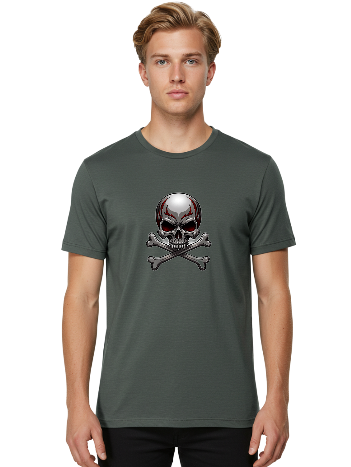 Metal-Skull Men'S Graphic Tee, 100% Cotton, Comfortable Casual Summer Wear, Machine Washable, Skull And Crossbones, Silver Skull, Red Flames, Danger Symbol, Warning Sign, Halloween Theme, Gothic Design, Bold Graphics, Edgy Art Bae230